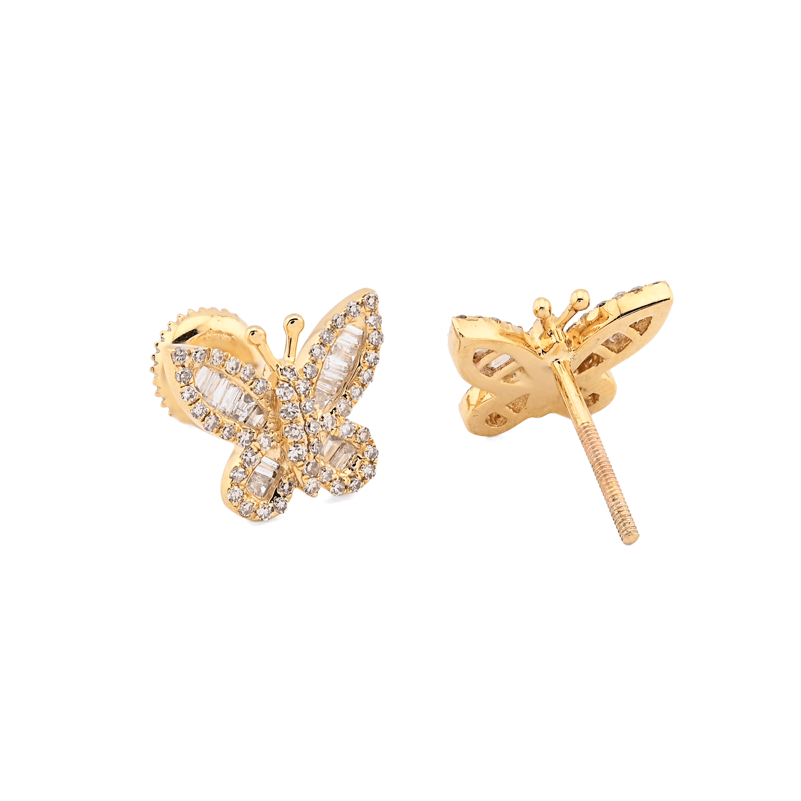 10k Yellow Gold 0.45CTW Round/Baguette Pure Diamond Butterfly 2.2g Stud Earring - Elite Jewelers - Earrings