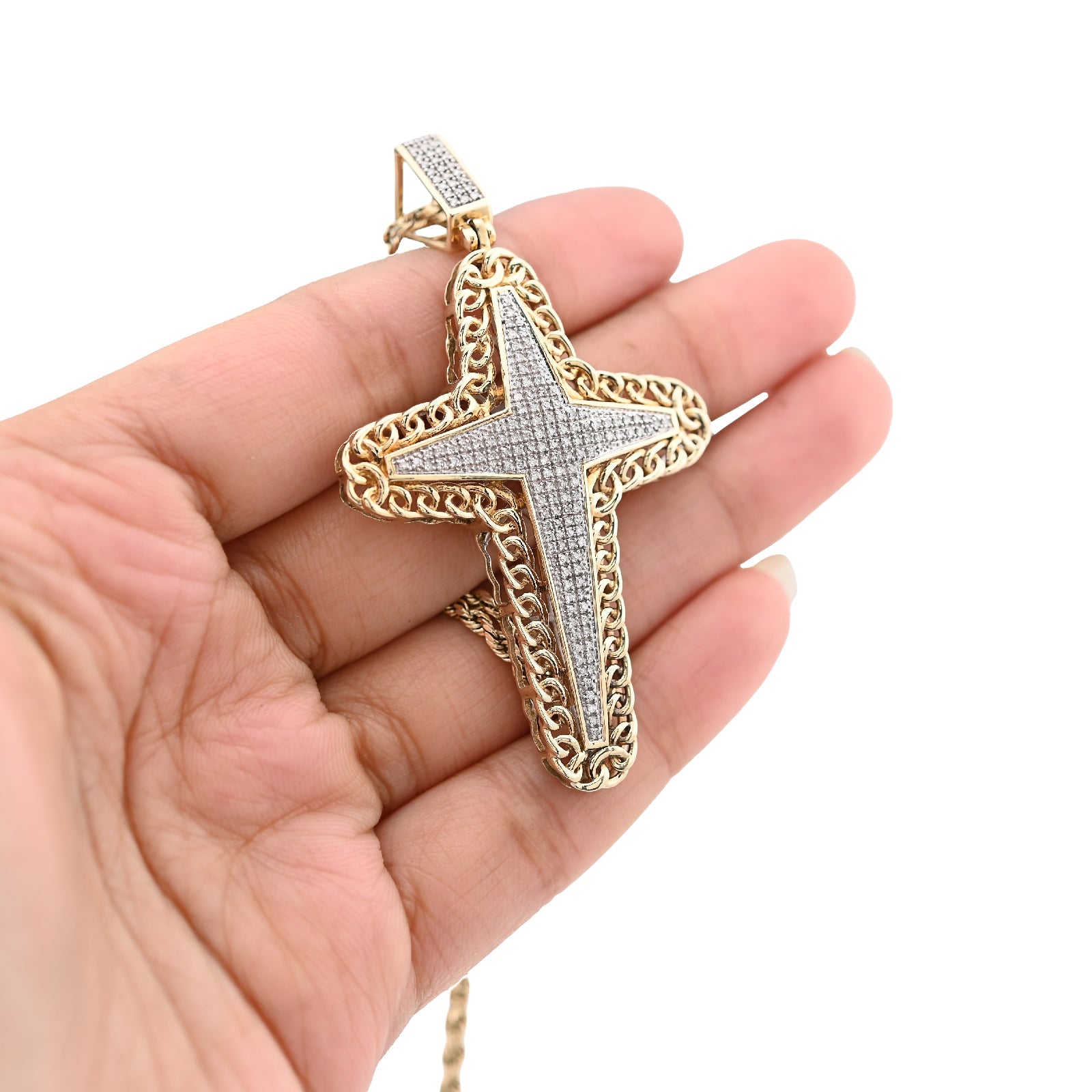 10K Yellow Gold 0.50CT Natural Diamond Chain Link Edge Cross Religious Men Charm Women Pendant - Elite Jewelers - Charms & Pendants