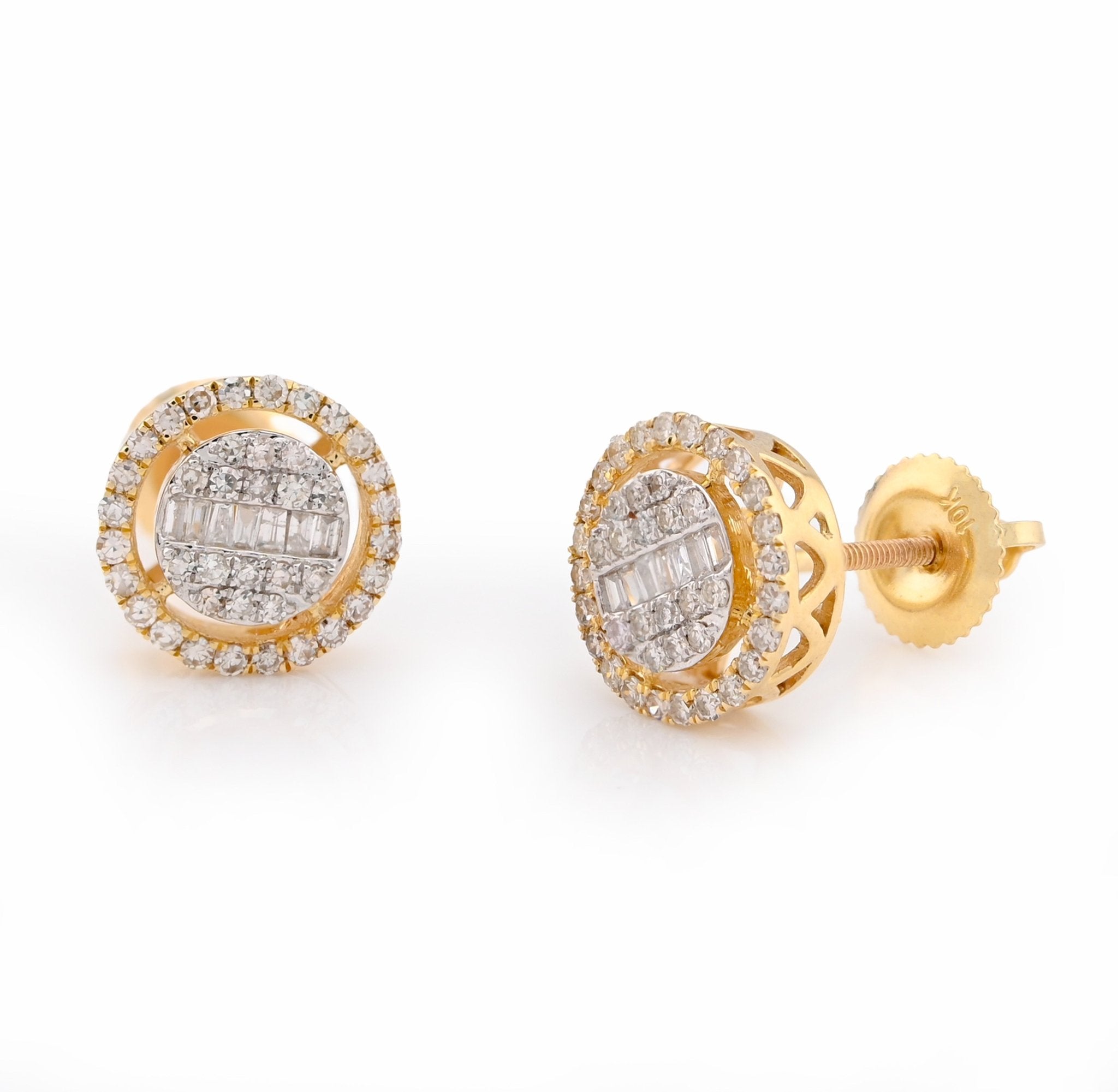 10K Yellow Gold 0.50CT Round/Baguette Natural Diamond Round Halo Shape Studs Men Women Earrings - Elite Jewelers - Earrings