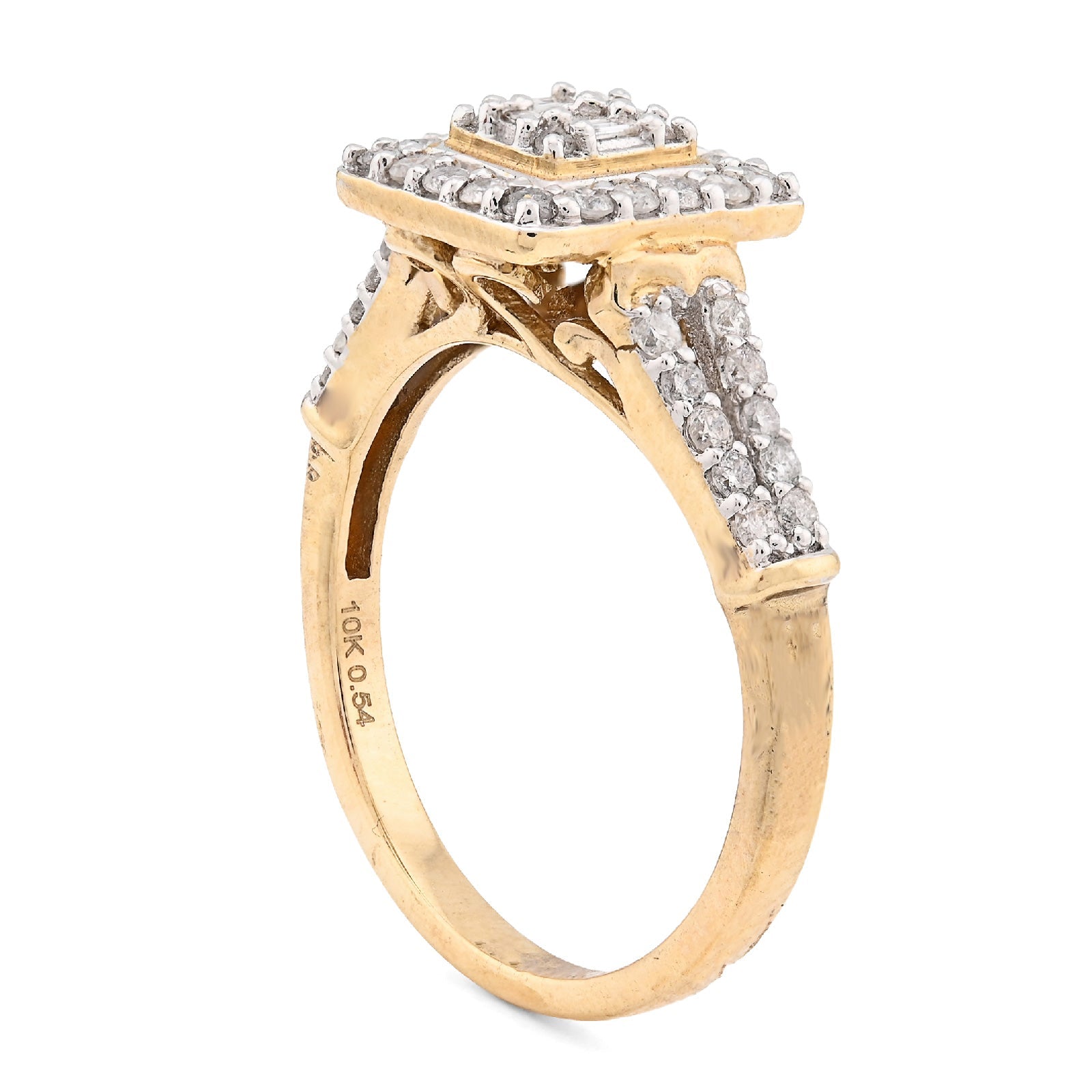 10K Yellow Gold 0.54CT Natural Diamond Round/Baguette Square Women Ring - Elite Jewelers - Rings