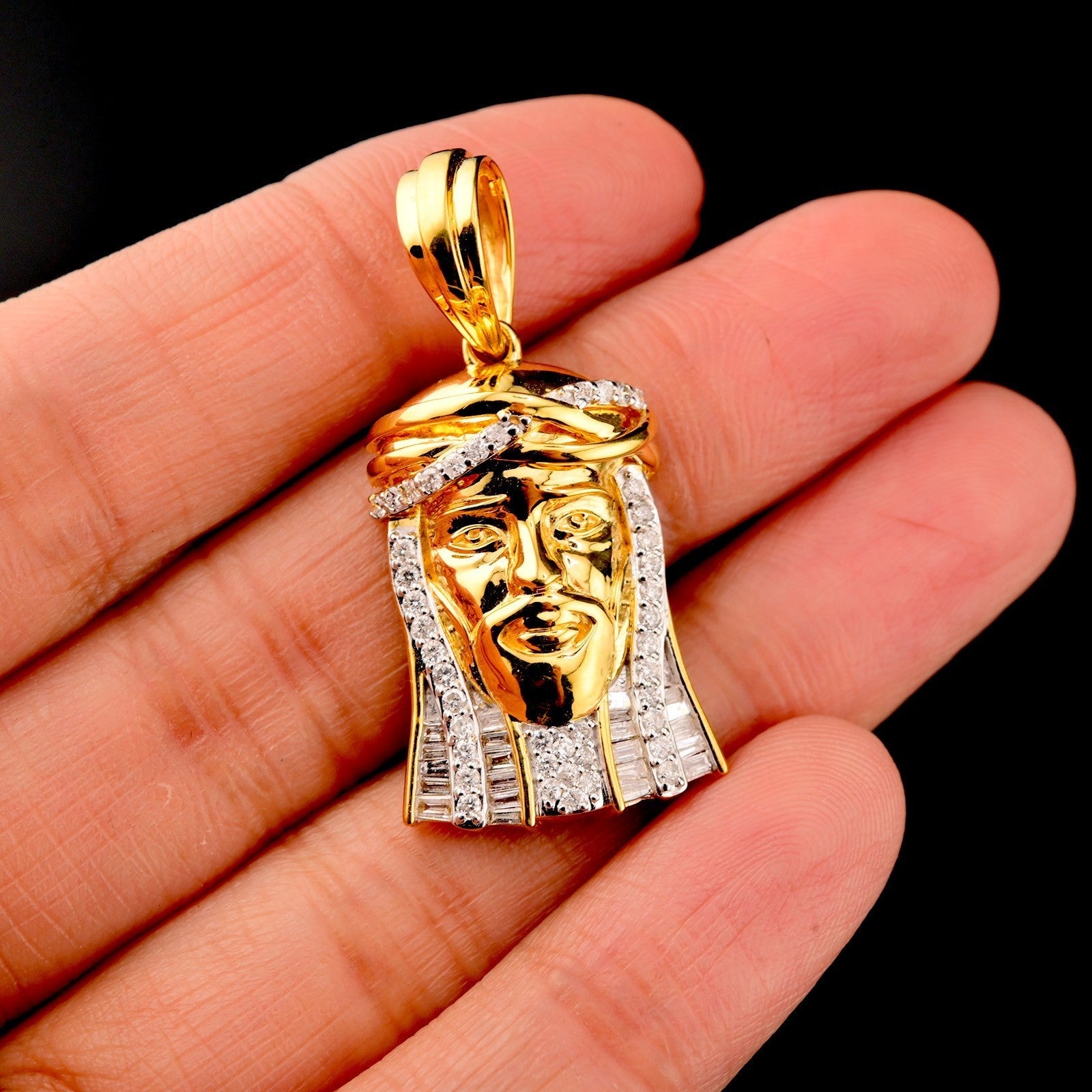 10k Yellow Gold 0.55CTW Round & Baguette Diamond Jesus Head Pendant 6.1g Charm - Elite Jewelers - Charms & Pendants