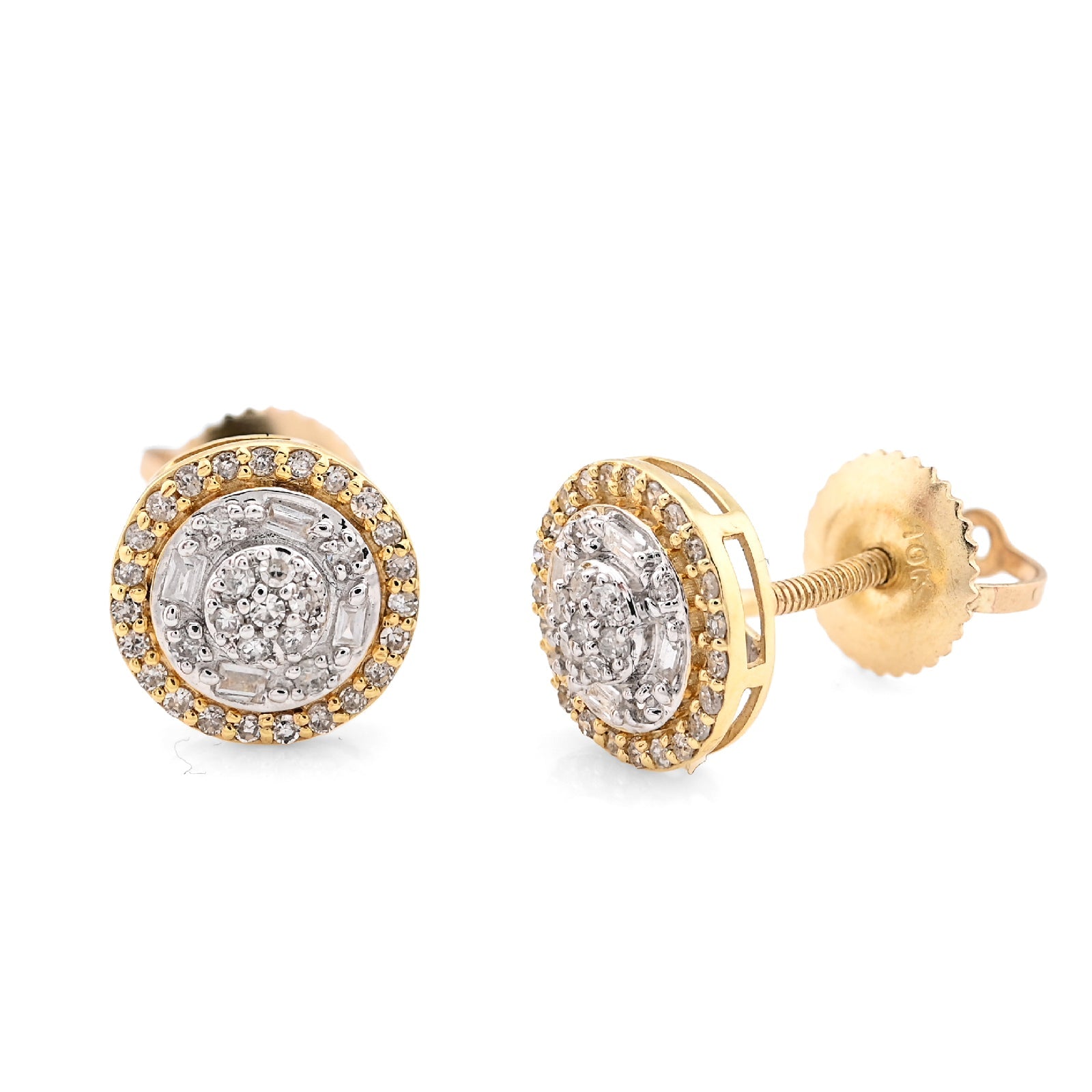 10K yellow Gold 0.56 CT natural Diamond Round/baguette 2 Layer Stud Men Women Earring - Elite Jewelers - Earrings