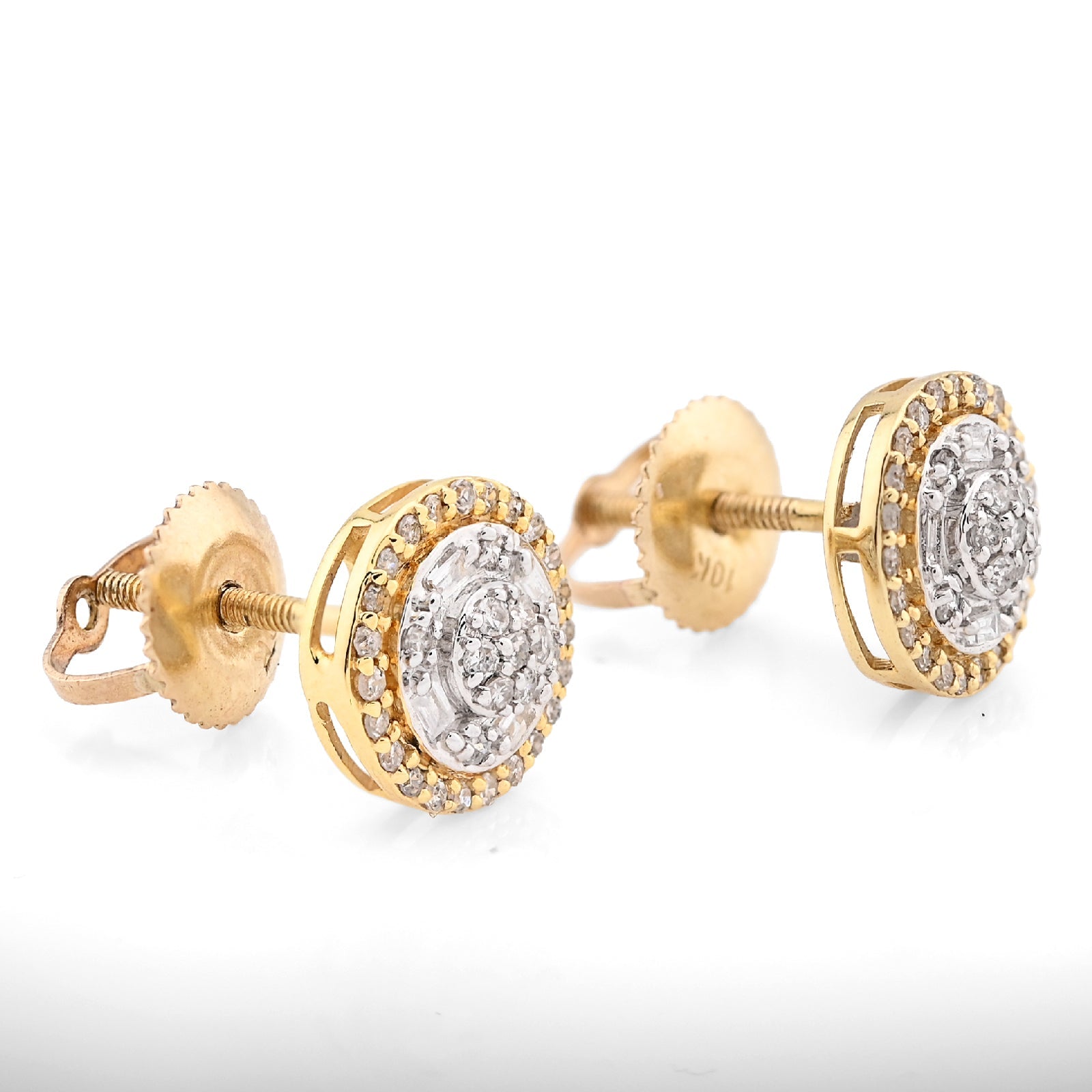 10K yellow Gold 0.56 CT natural Diamond Round/baguette 2 Layer Stud Men Women Earring - Elite Jewelers - Earrings