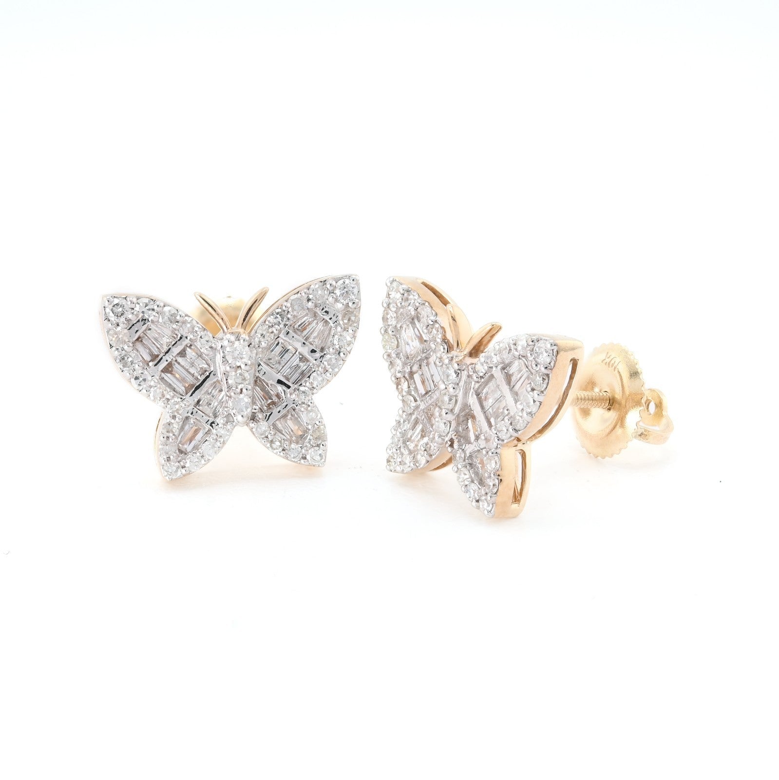 10k Yellow Gold 0.5CTW Baguette/Round Natural Diamond Butterfly 2.2gms Stud - Elite Jewelers - Earrings