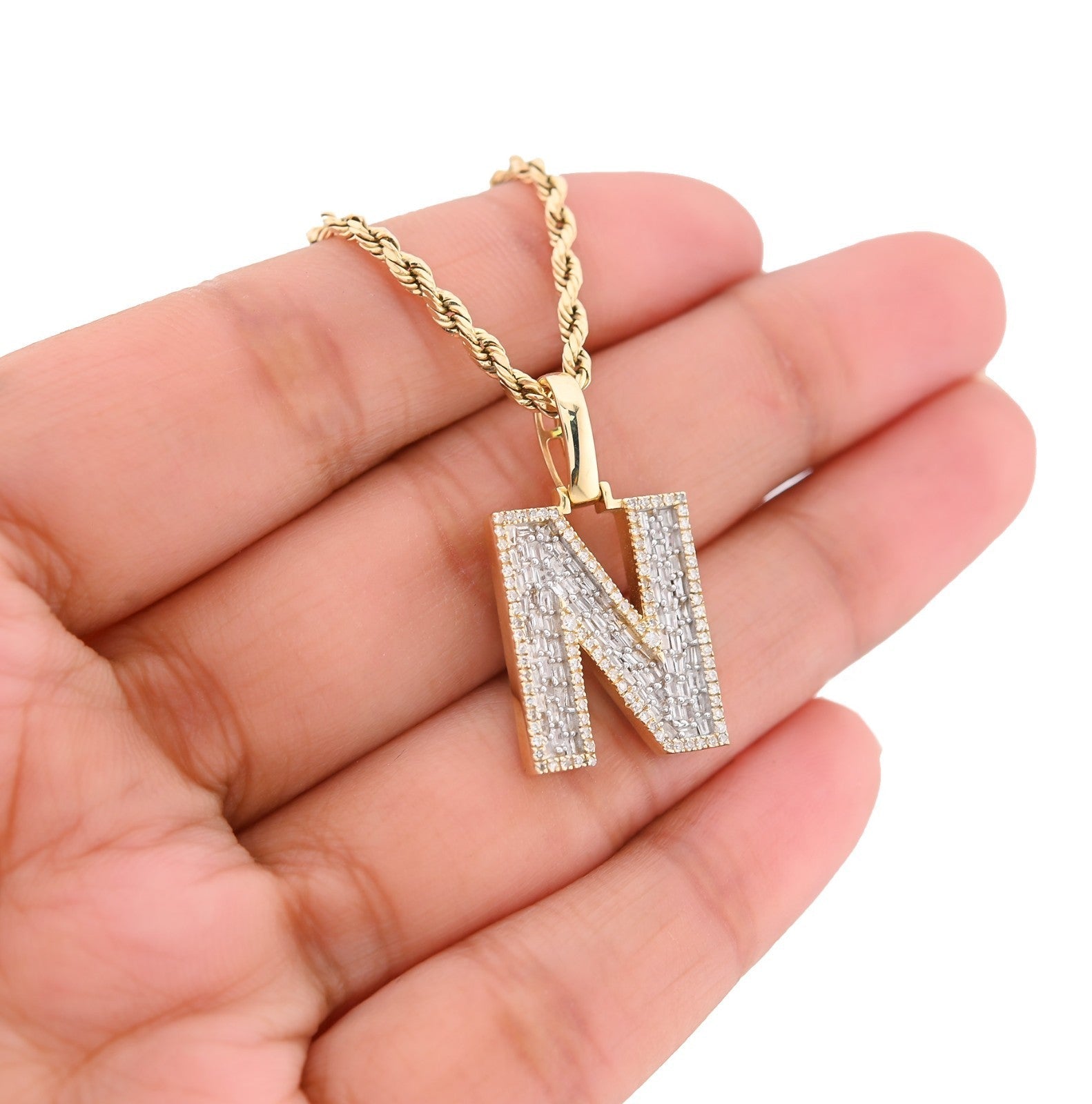 10k Yellow Gold 0.625CTW Round/Baguette Diamond Initial "N" Letter Pendant 2.5gm - Elite Jewelers - Charms & Pendants