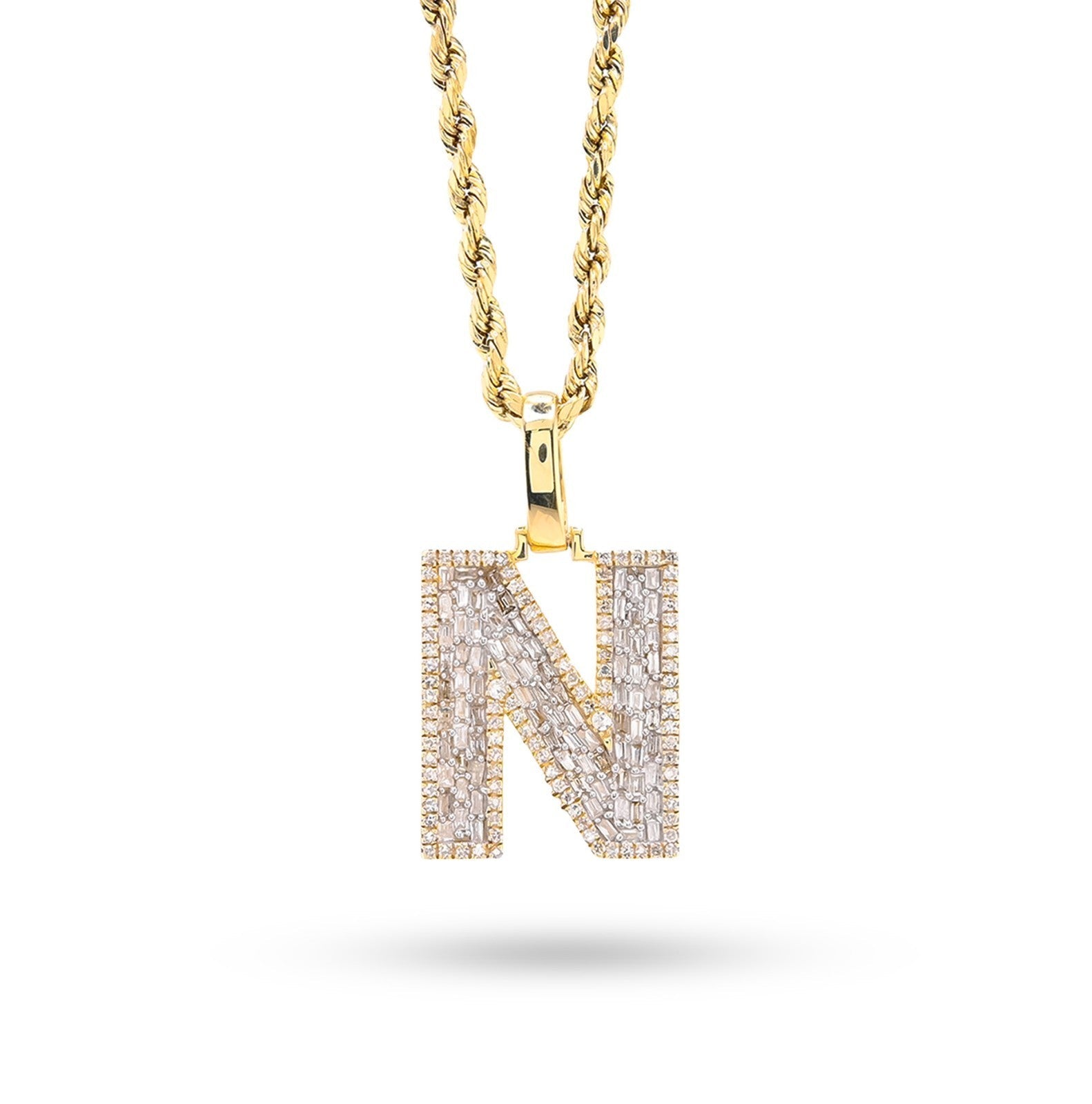 10k Yellow Gold 0.625CTW Round/Baguette Diamond Initial "N" Letter Pendant 2.5gm - Elite Jewelers - Charms & Pendants