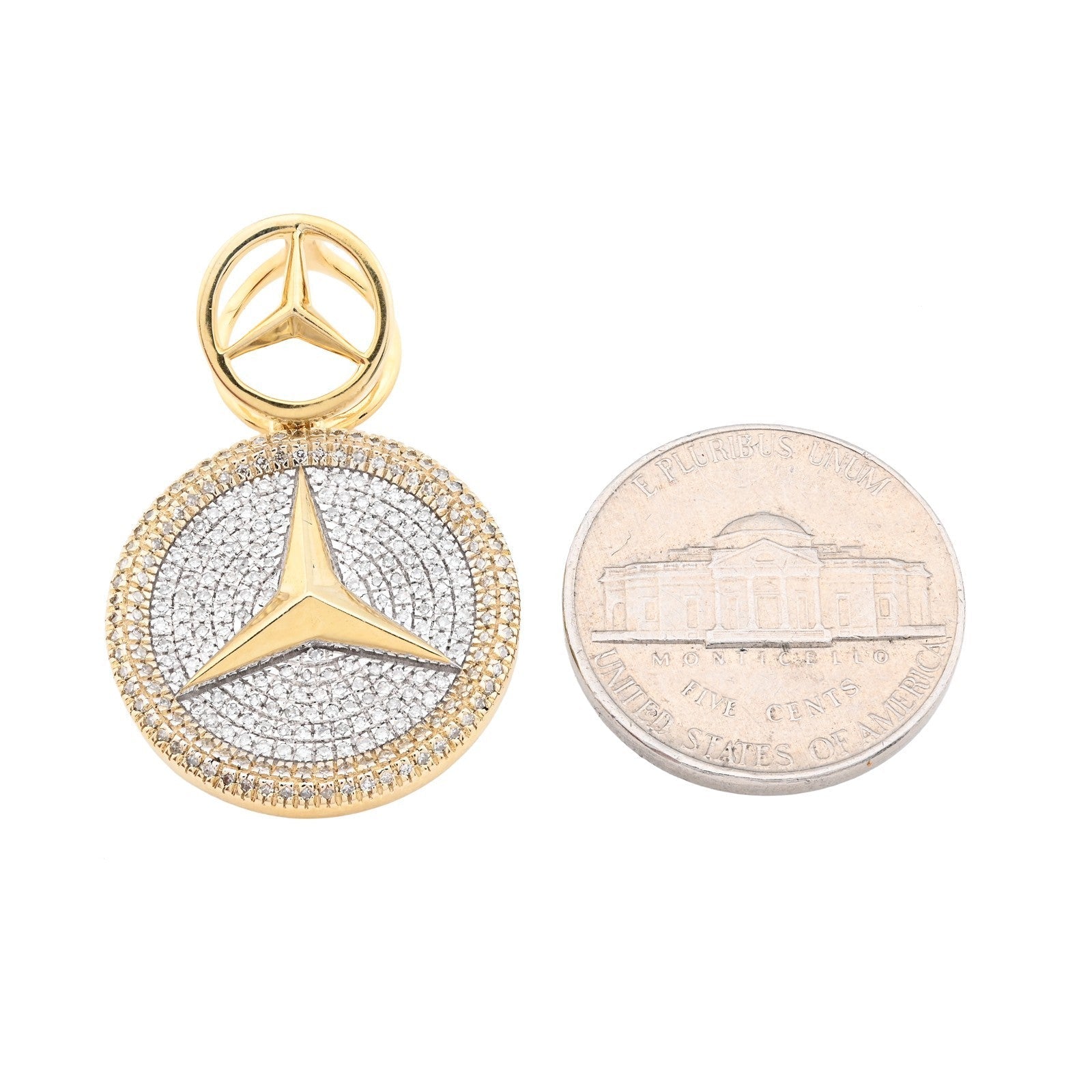 10k Yellow Gold 0.63CTW Pure Diamond ICED Mercedes Benz Logo Pendant 5.5g Charm - Elite Jewelers - Charms & Pendants