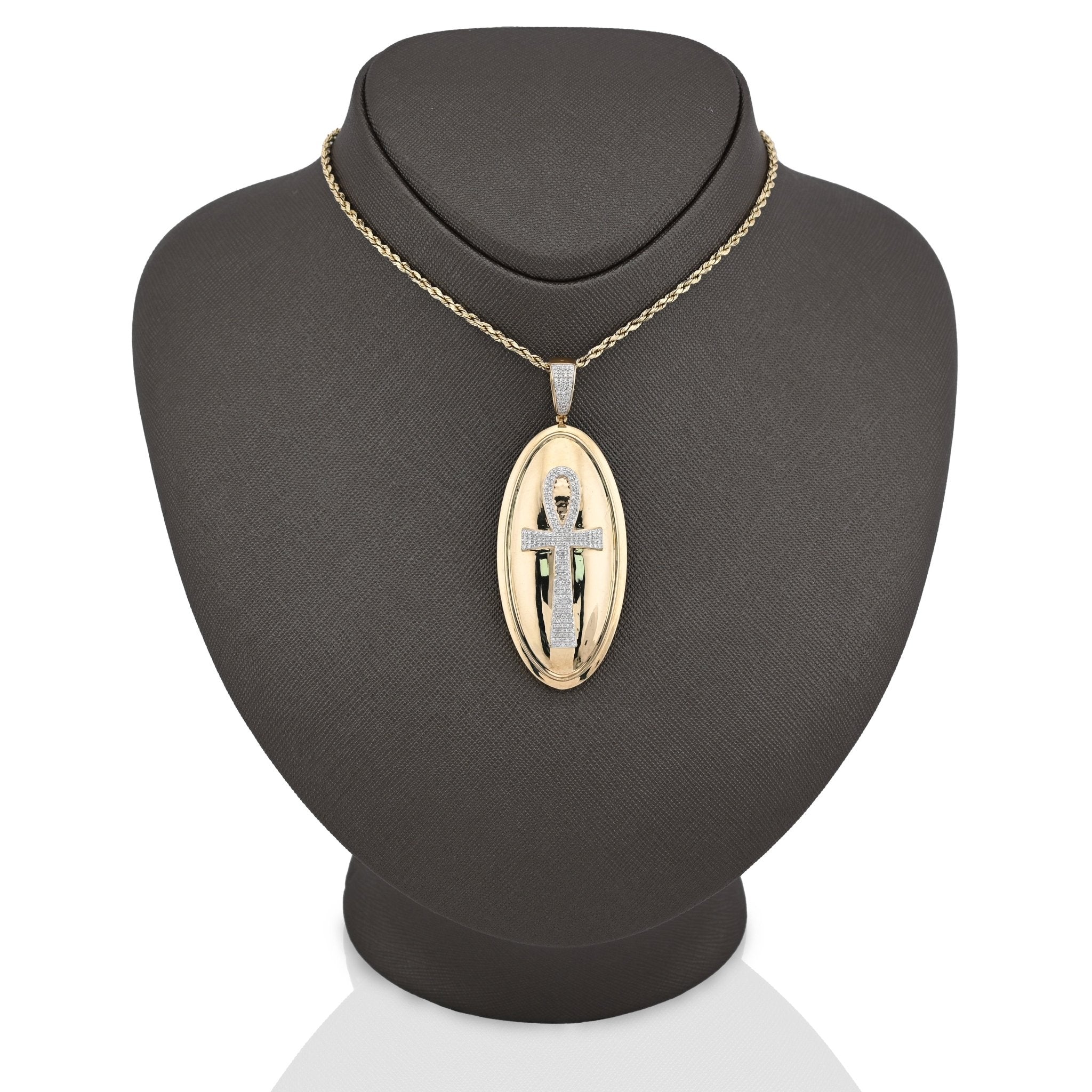 10K Yellow Gold 0.65CT Natural Diamond Oval Ankh Cross Pendant Men Women Religious Charm - Elite Jewelers - Charms & Pendants