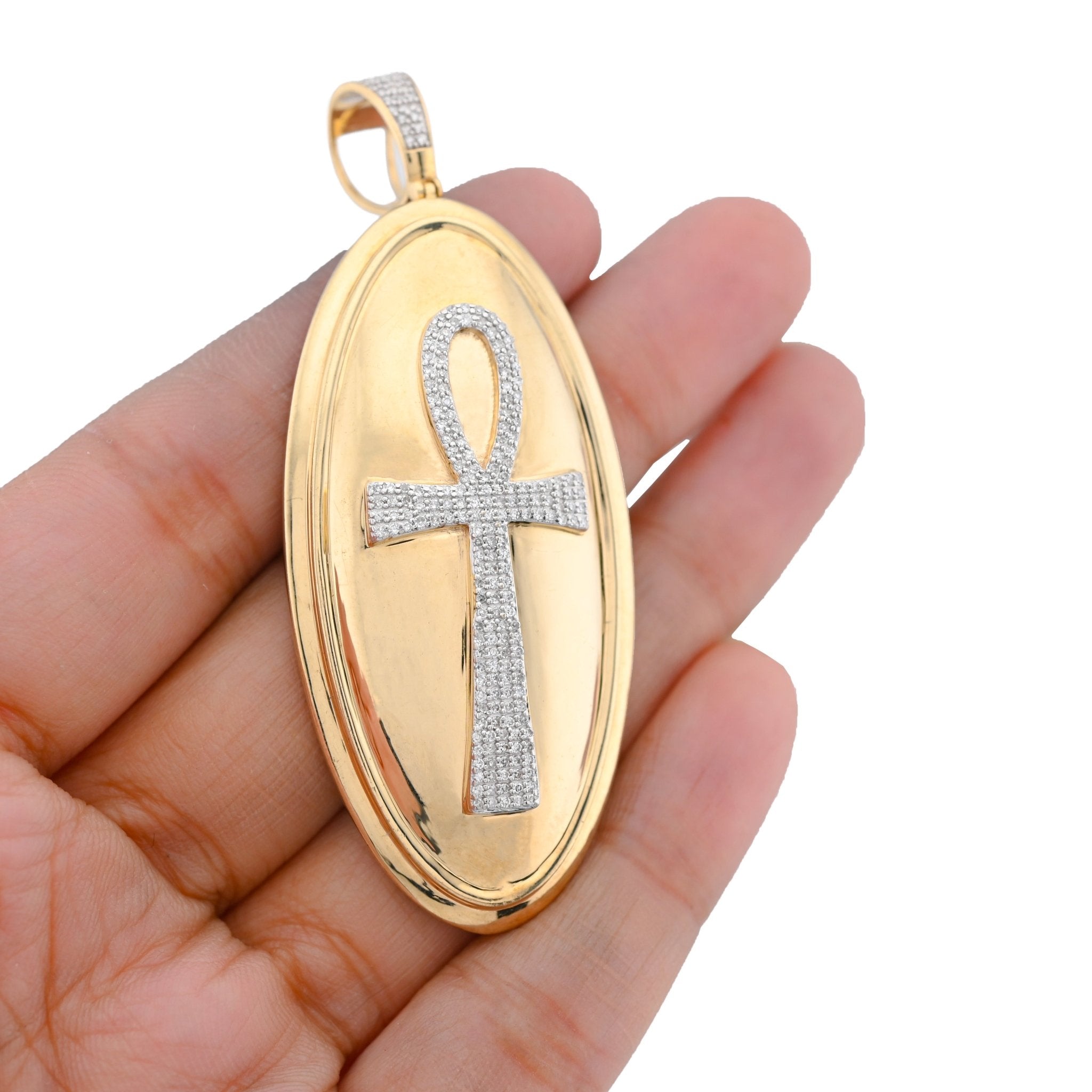 10K Yellow Gold 0.65CT Natural Diamond Oval Ankh Cross Pendant Men Women Religious Charm - Elite Jewelers - Charms & Pendants