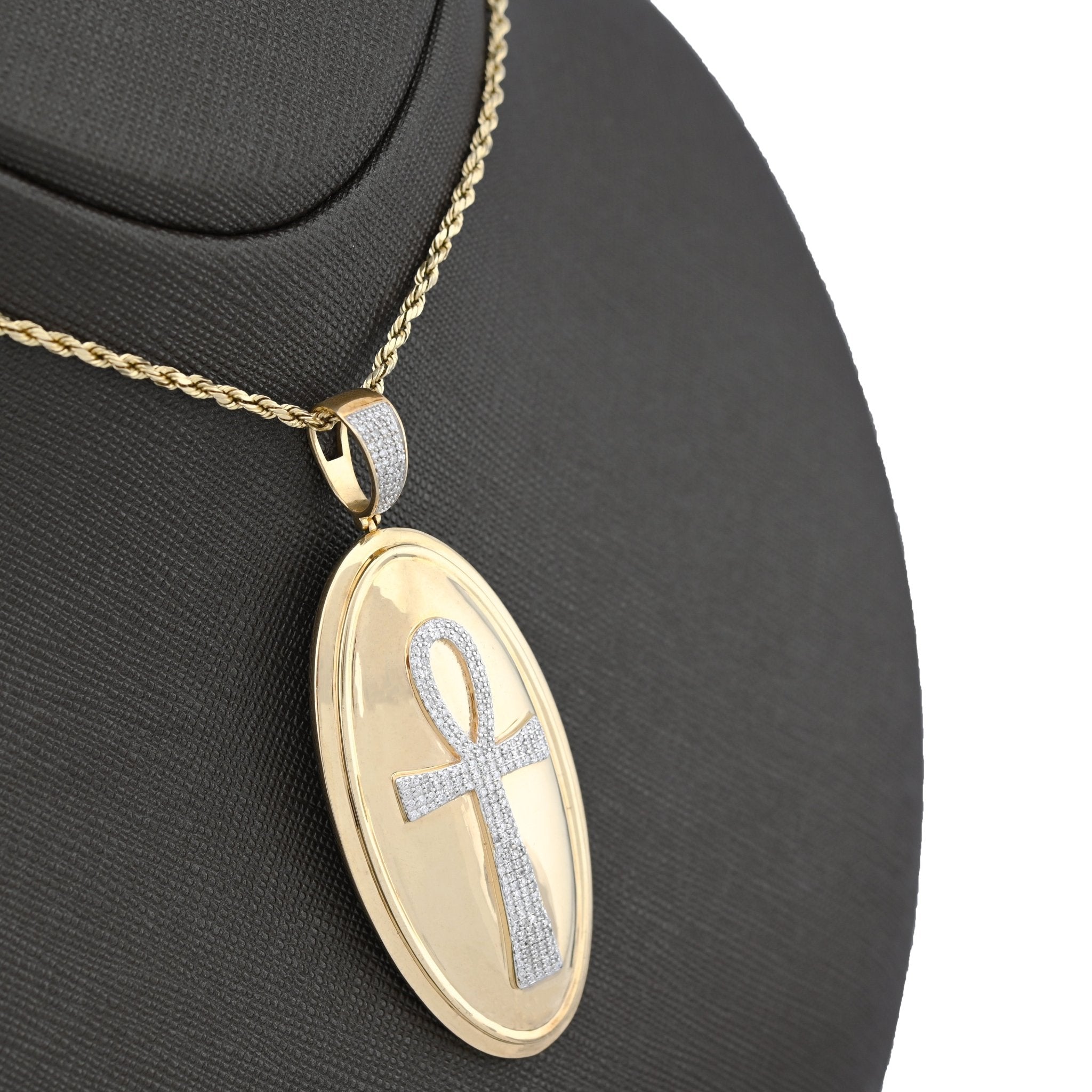 10K Yellow Gold 0.65CT Natural Diamond Oval Ankh Cross Pendant Men Women Religious Charm - Elite Jewelers - Charms & Pendants
