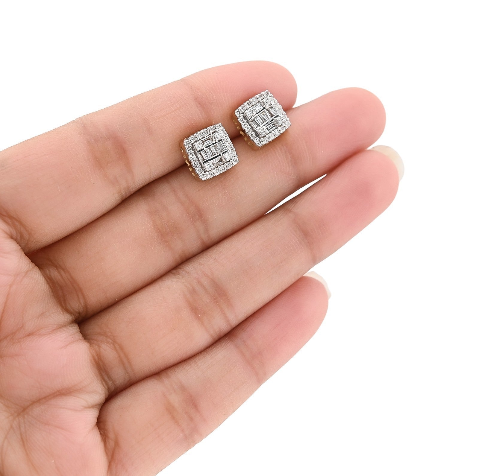 10k Yellow Gold 0.67CTW Pure Round/Baguette Diamond 3.1g ICY Square Stud Earring - Elite Jewelers - Earrings