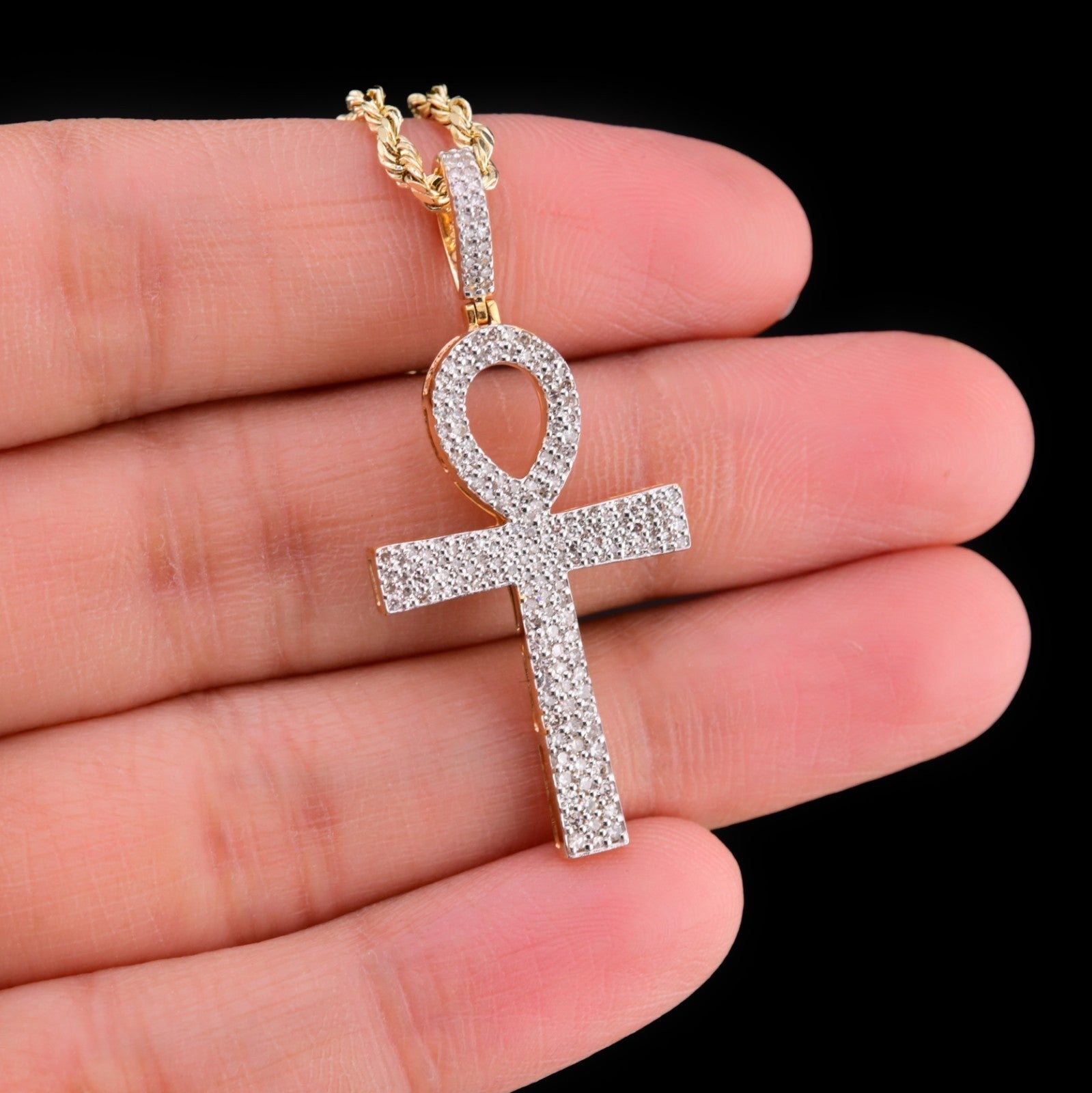 10k Yellow Gold 0.6CTW Natural Round Diamond Ankh Cross Pendant 2.6g Charm - Elite Jewelers - Charms & Pendants