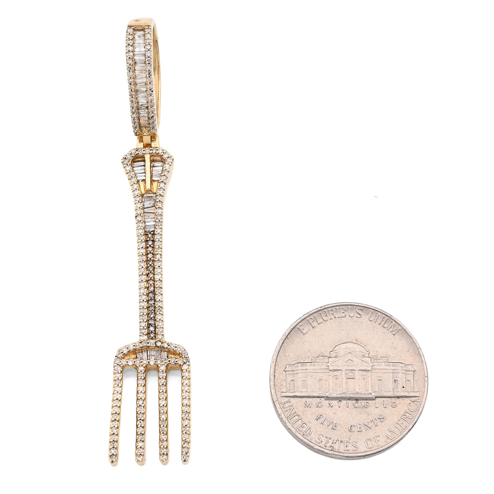 10K Yellow Gold 0.70CT Natural Diamond Round/Baguette Fork Pendant 2.5" Men Women Pendant 7.8g - Elite Jewelers - Charms & Pendants