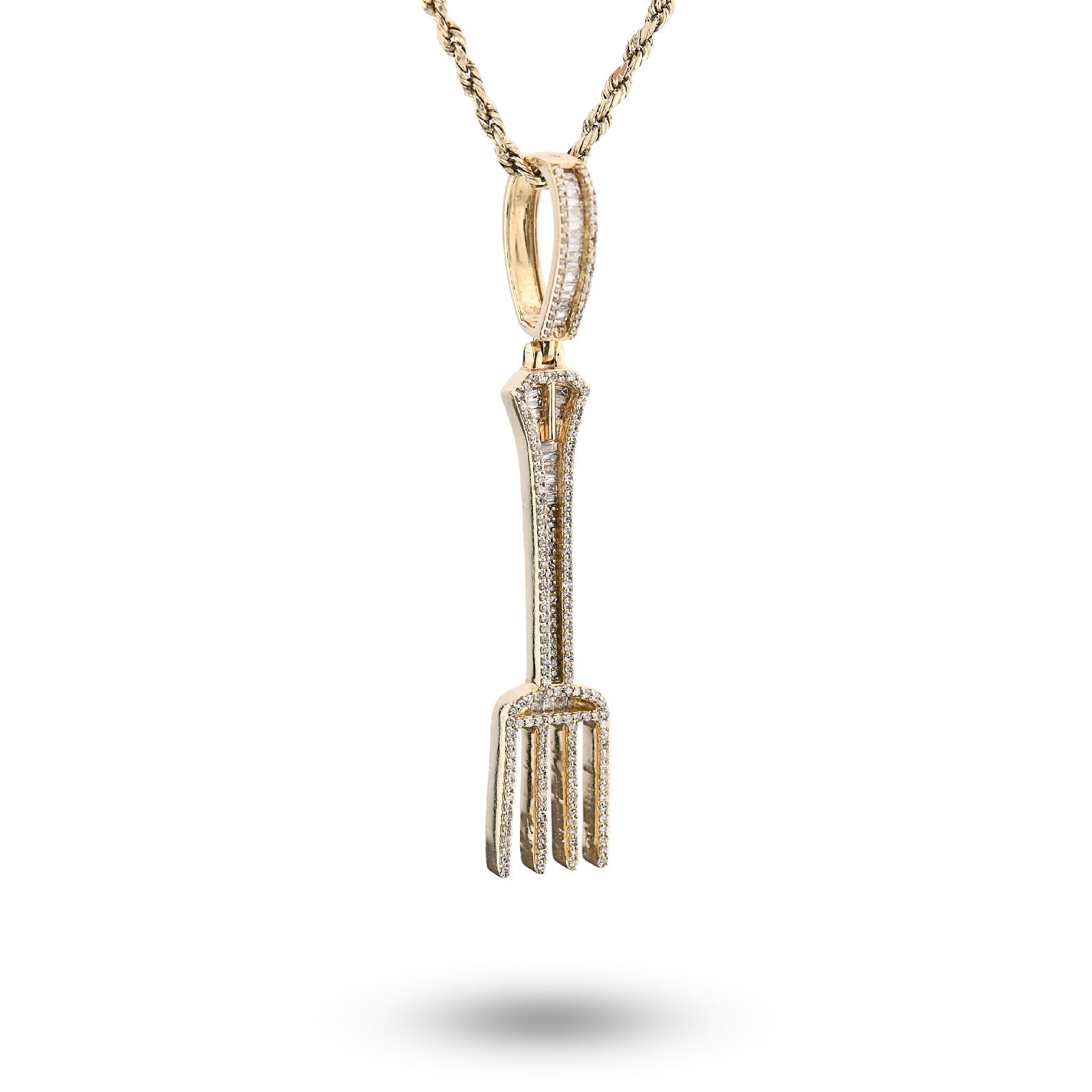 10K Yellow Gold 0.70CT Natural Diamond Round/Baguette Fork Pendant 2.5" Men Women Pendant 7.8g - Elite Jewelers - Charms & Pendants