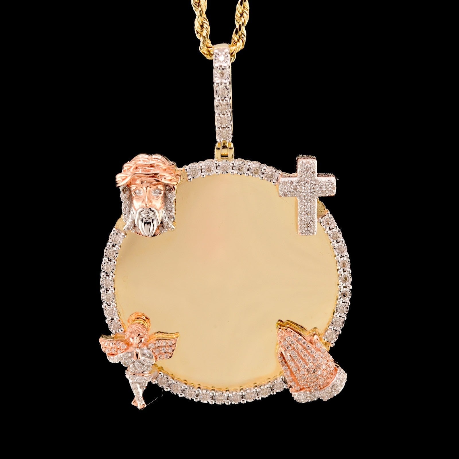 10k Yellow Gold 0.75CT Diamond Picture Charm Jesus, Cross, Praying