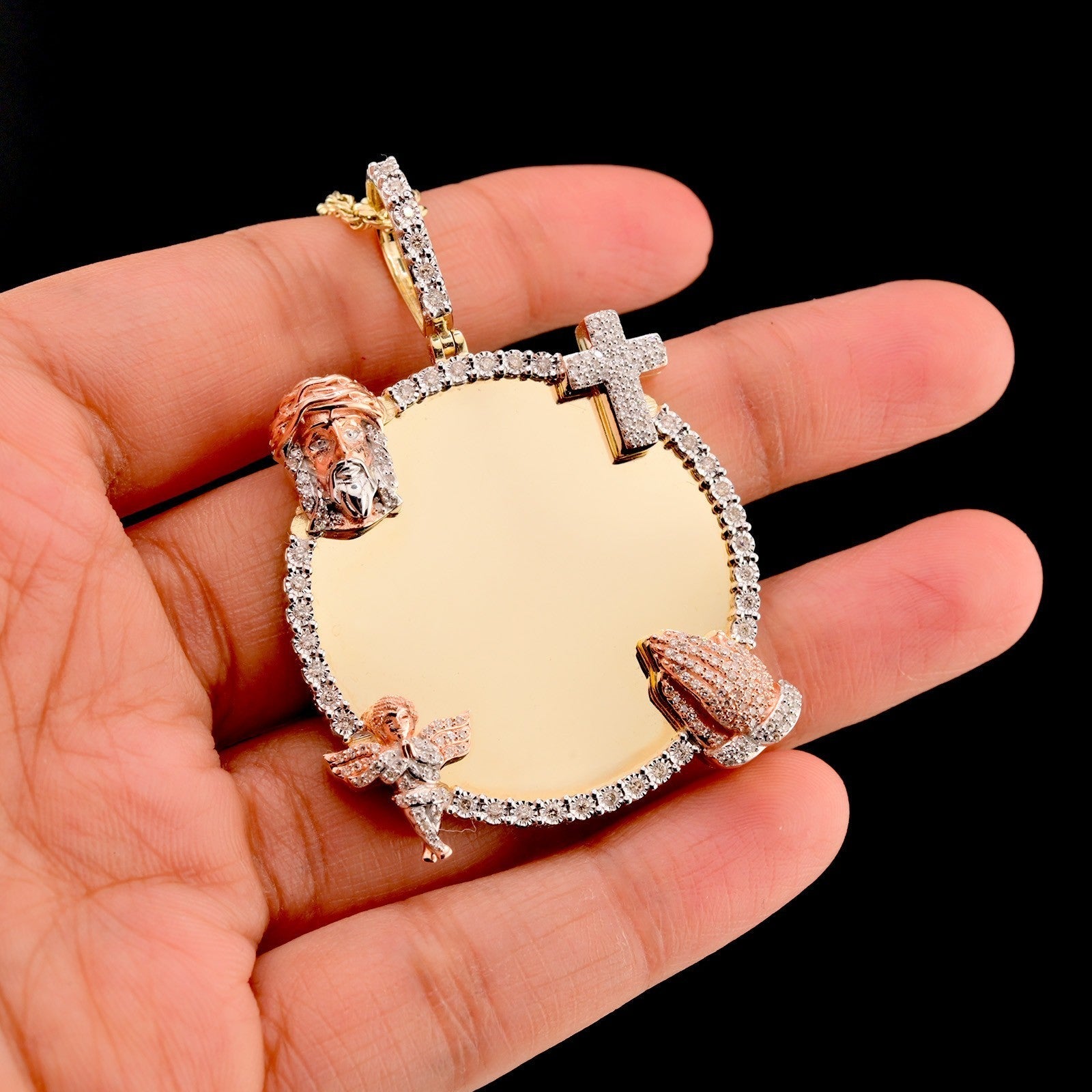 10k Yellow Gold 0.75CT Diamond Picture Charm Jesus, Cross, Praying Hands & Angel - Elite Jewelers - Charms & Pendants