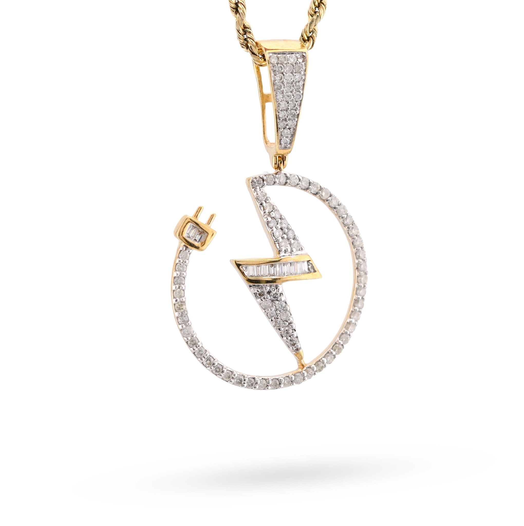 10K Yellow Gold 0.75CT Natural Diamond "Electric Plug" Shock sign Men Women 1.58" Pendant - Elite Jewelers - Charms & Pendants