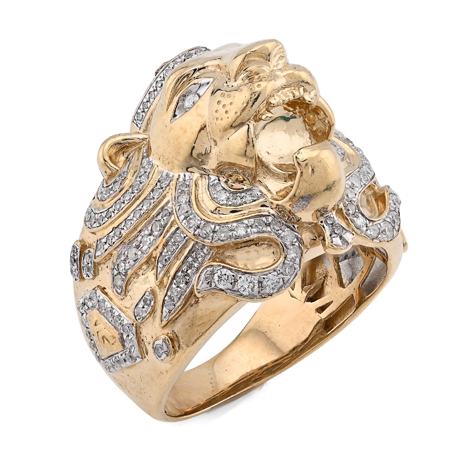 10K Yellow Gold 0.75CT Natural Diamond Roaring Lion Head Men Pinky Ring - Elite Jewelers - Rings