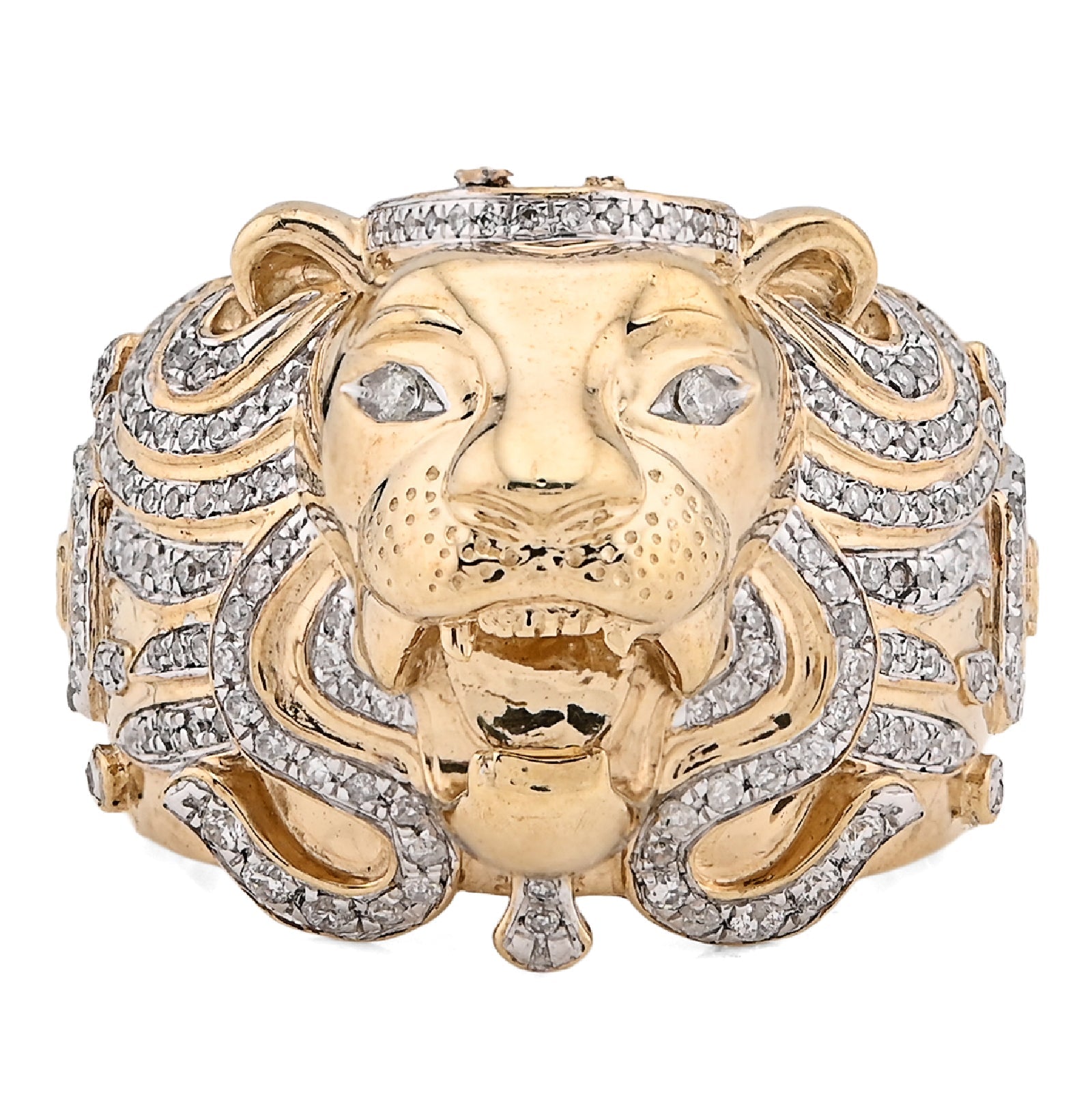 10K Yellow Gold 0.75CT Natural Diamond Roaring Lion Head Men Pinky Ring - Elite Jewelers - Rings