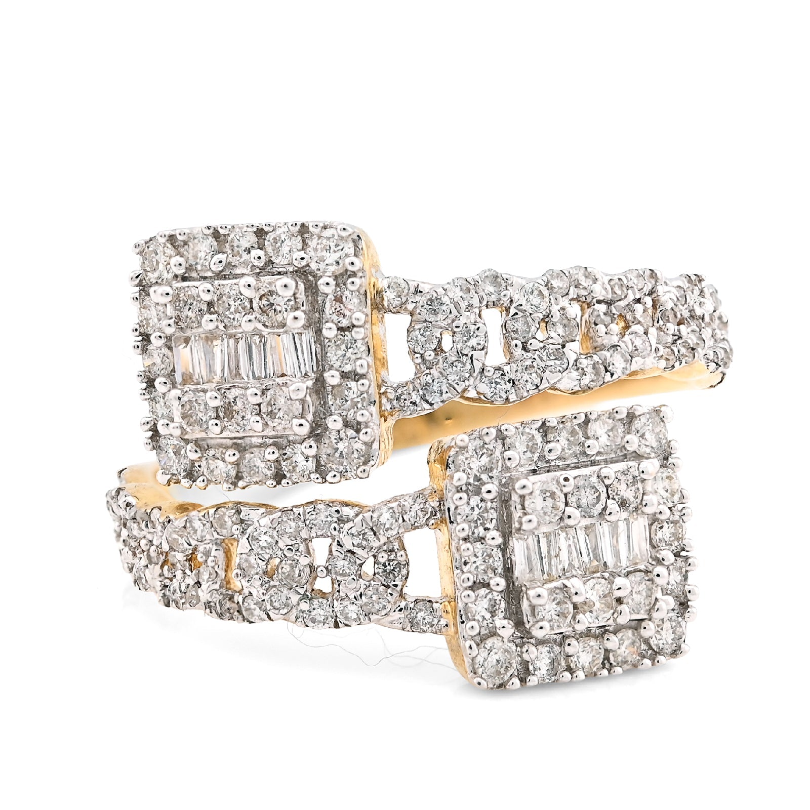 10K Yellow Gold 0.75CT Natural Diamond Split Shank Round/Baguette Twin Square Women Ring - Elite Jewelers - Rings