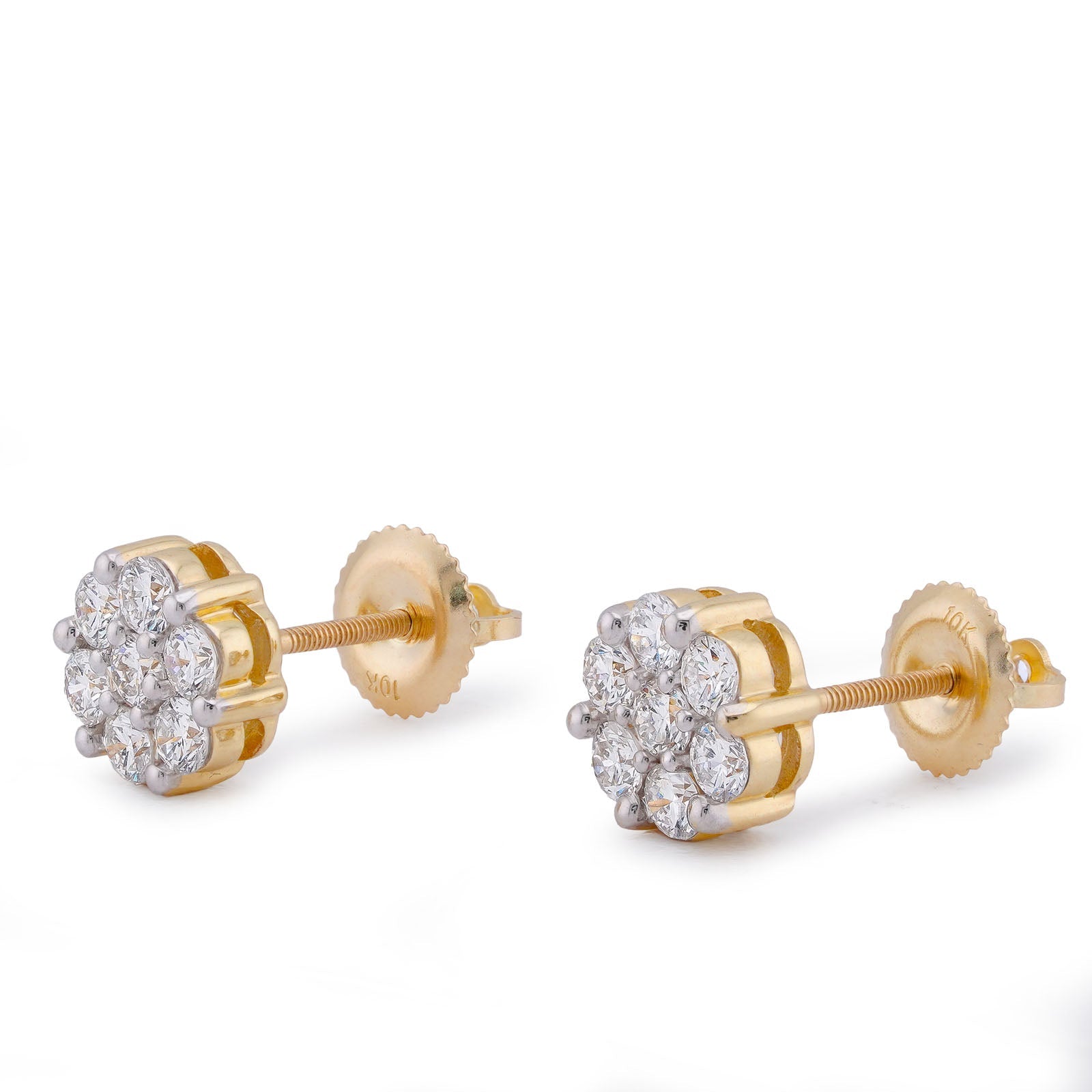 10K Yellow Gold 0.90CT Flower Design Cluster Lab Diamond Men Women Earrings - Elite Jewelers-Earrings