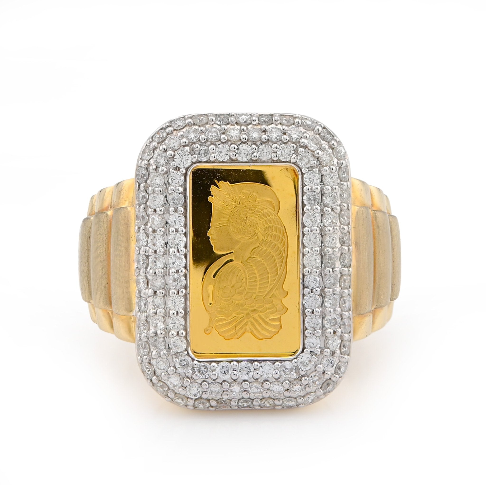 10K Yellow Gold 0.95CT Side Iced Natural Diamond Suisse gold Bar Centre Men Pinky Ring - Elite Jewelers - Rings