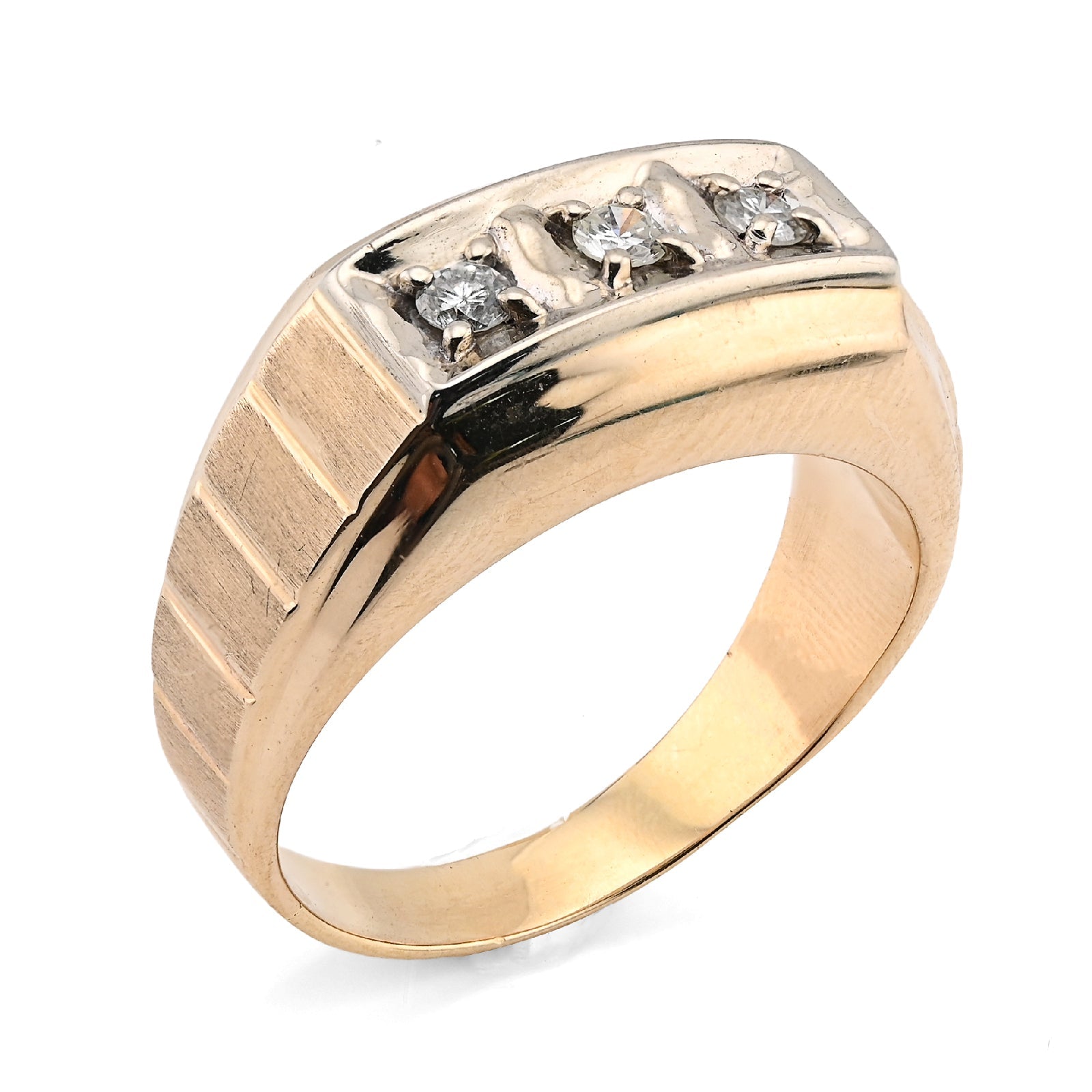 10K Yellow Gold 0.9CT 3 Diamond Solitaire Centre Men President's Ring - Elite Jewelers - Rings