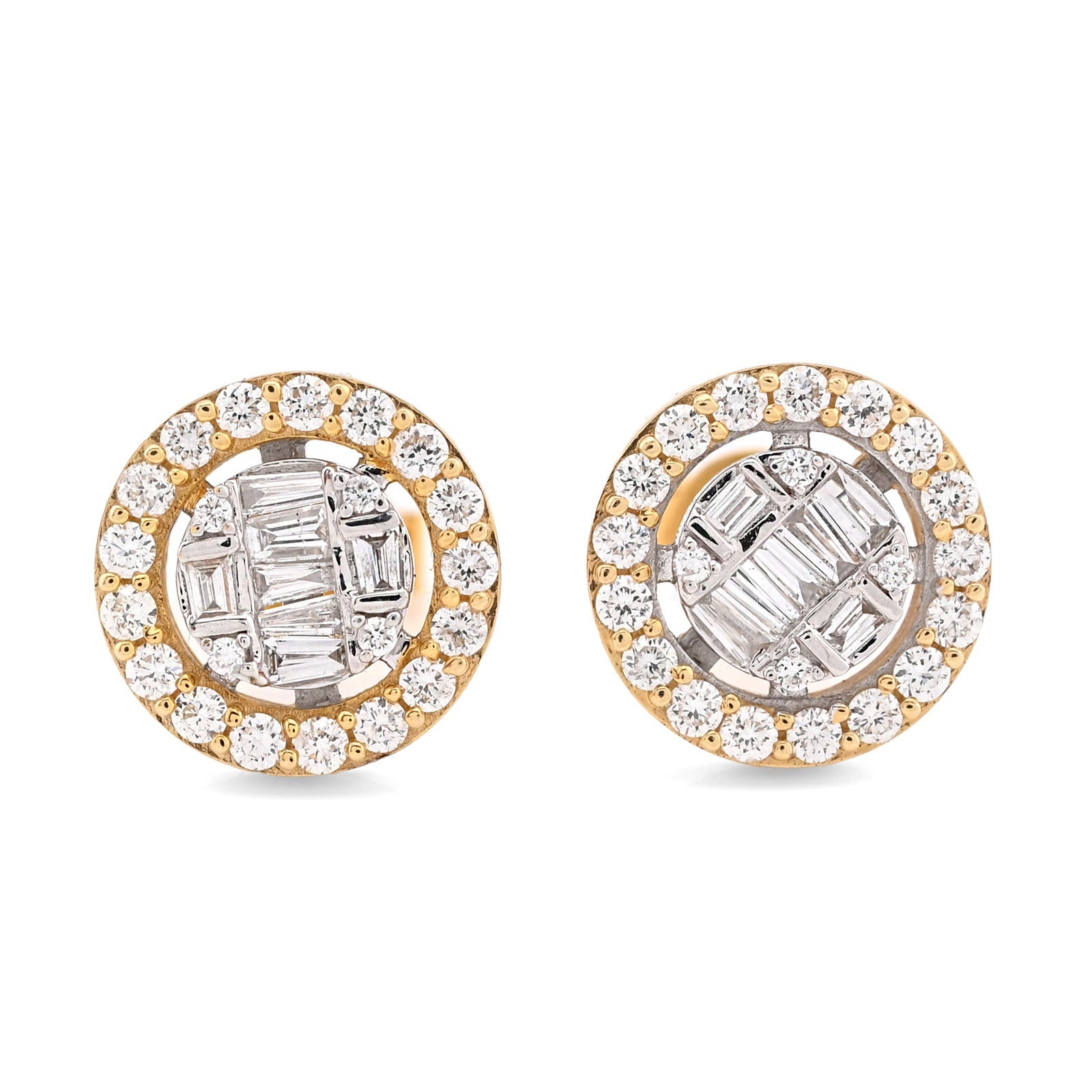 10K Yellow Gold 1.03CT Round/Baguette Natural Diamond Cluster Round Shape Earrings Men Women Studs - Elite Jewelers - Earrings