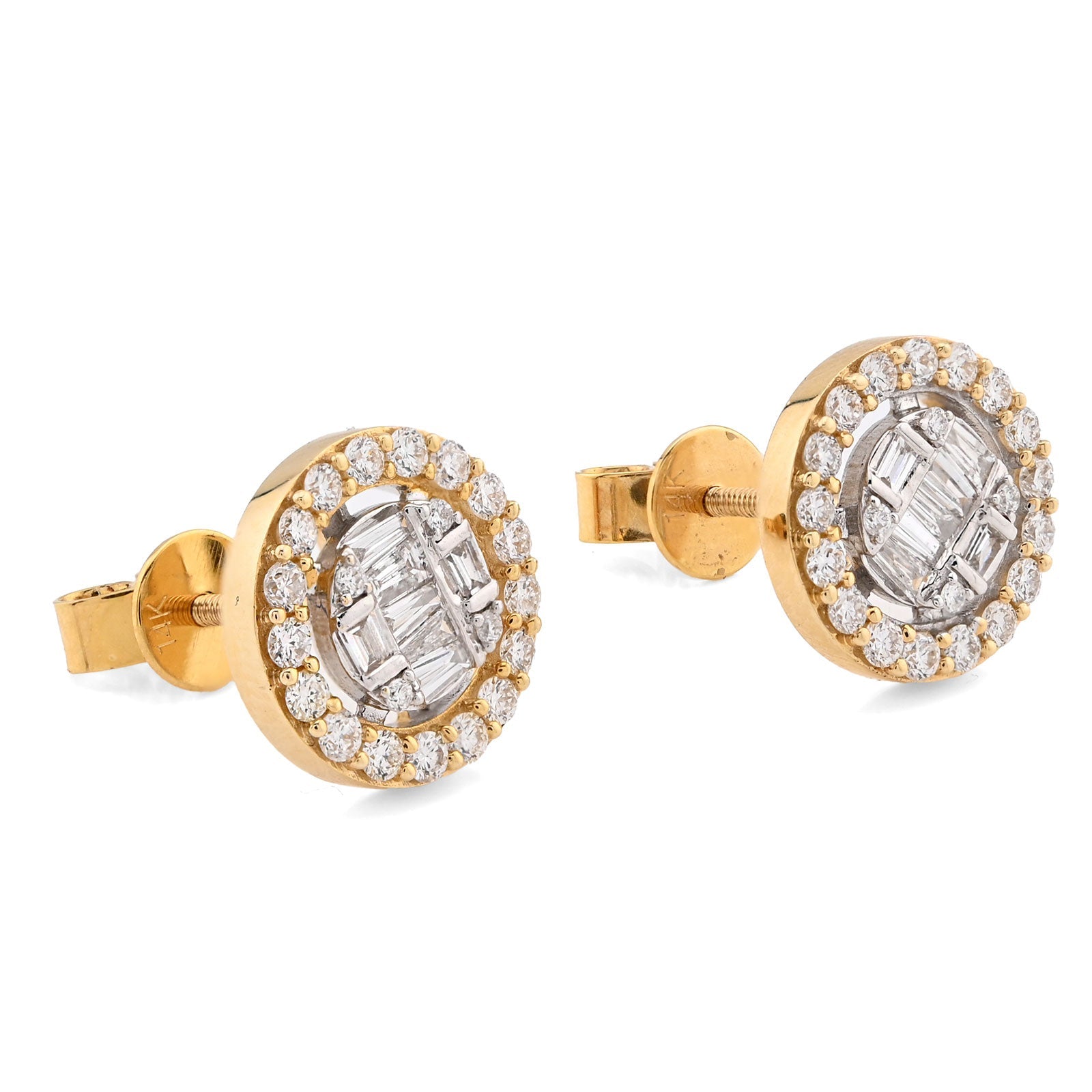 10K Yellow Gold 1.03CT Round/Baguette Natural Diamond Cluster Round Shape Earrings Men Women Studs - Elite Jewelers - Earrings