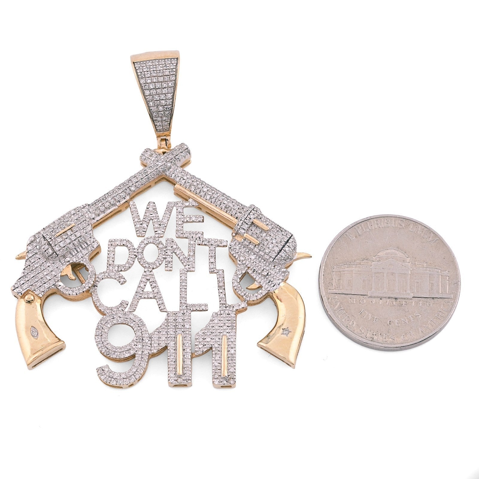 10k Yellow Gold 10g 1.05CTW Natural Diamond "WE DONT CALL 911" Gun Pendant Charm - Elite Jewelers - Charms & Pendants