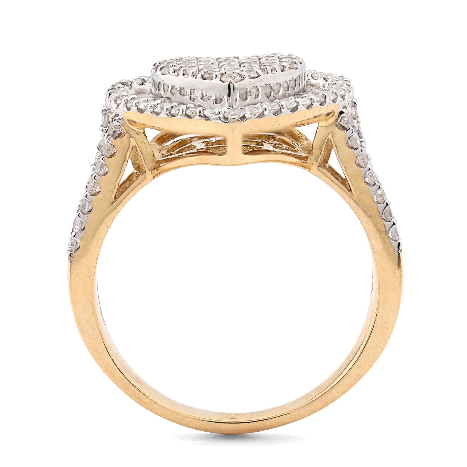10K Yellow Gold 1.10CT Natural Diamond Round/Baguette Big Heart Women Ring 14.5MM - Elite Jewelers - Rings
