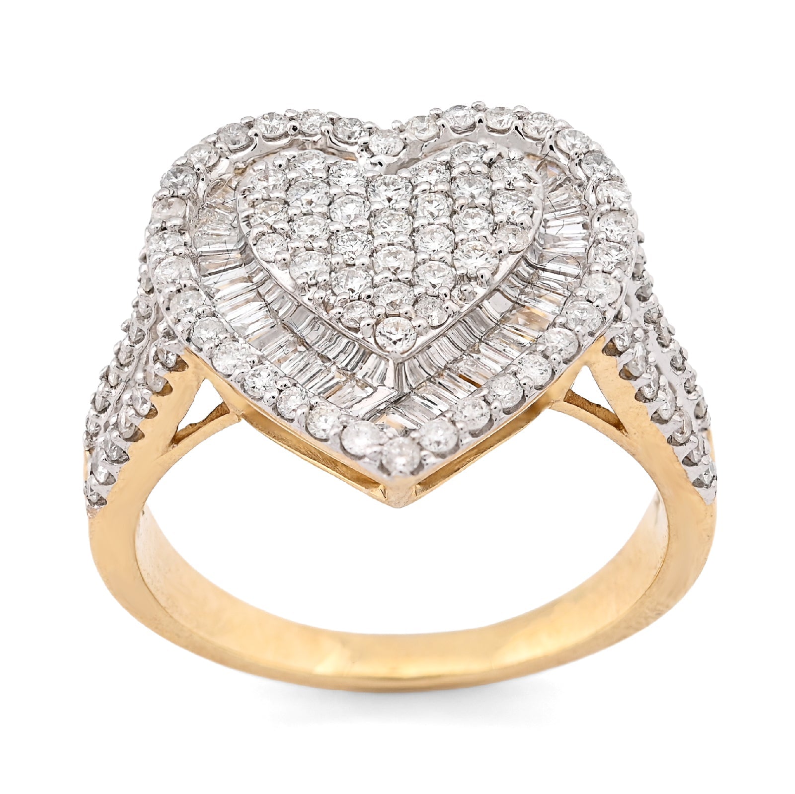 10K Yellow Gold 1.10CT Natural Diamond Round/Baguette Big Heart Women Ring 14.5MM - Elite Jewelers - Rings