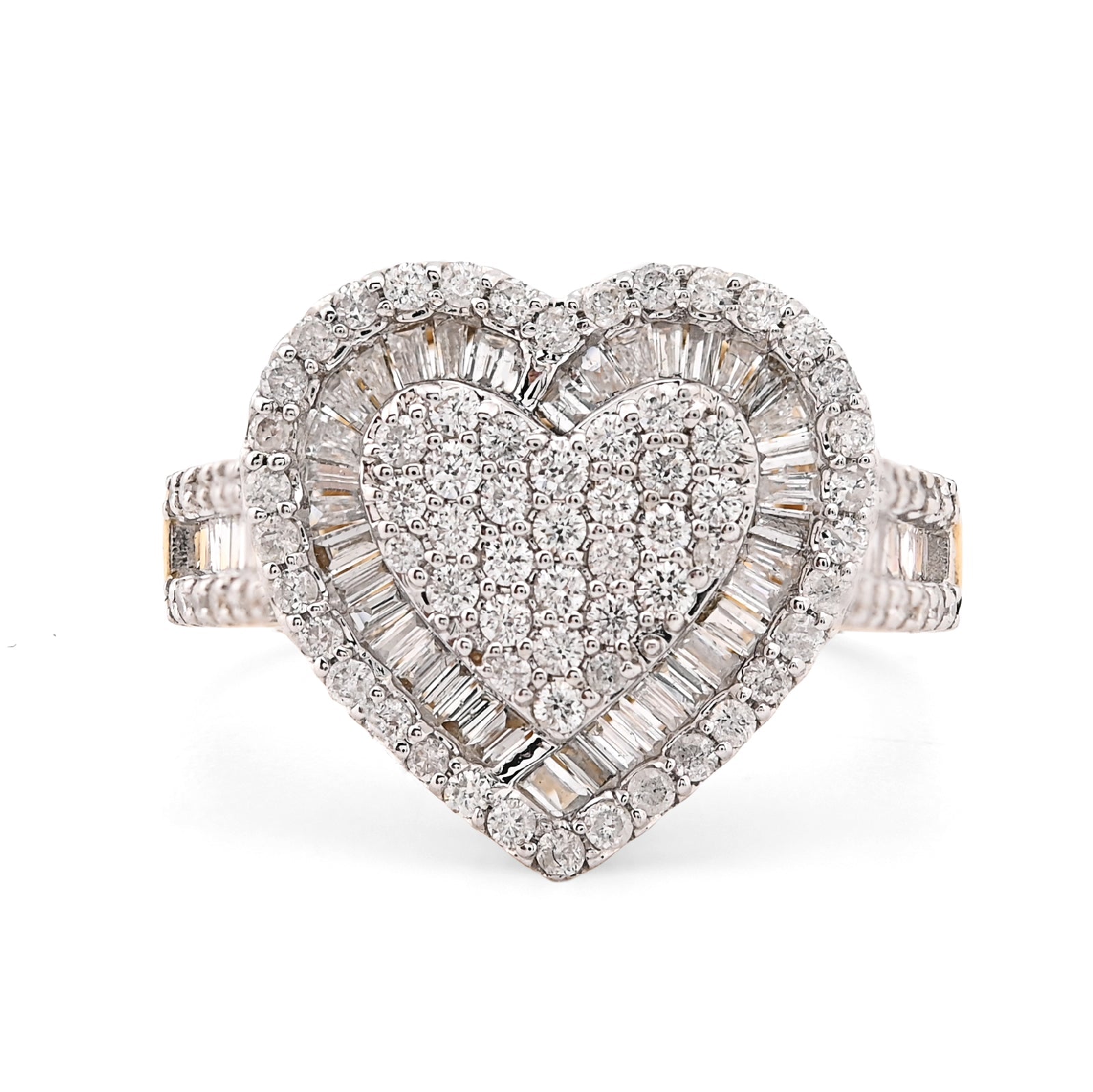 10K Yellow Gold 1.10CT Natural Diamond Round/Baguette Big Heart Women Ring 14.5MM - Elite Jewelers - Rings