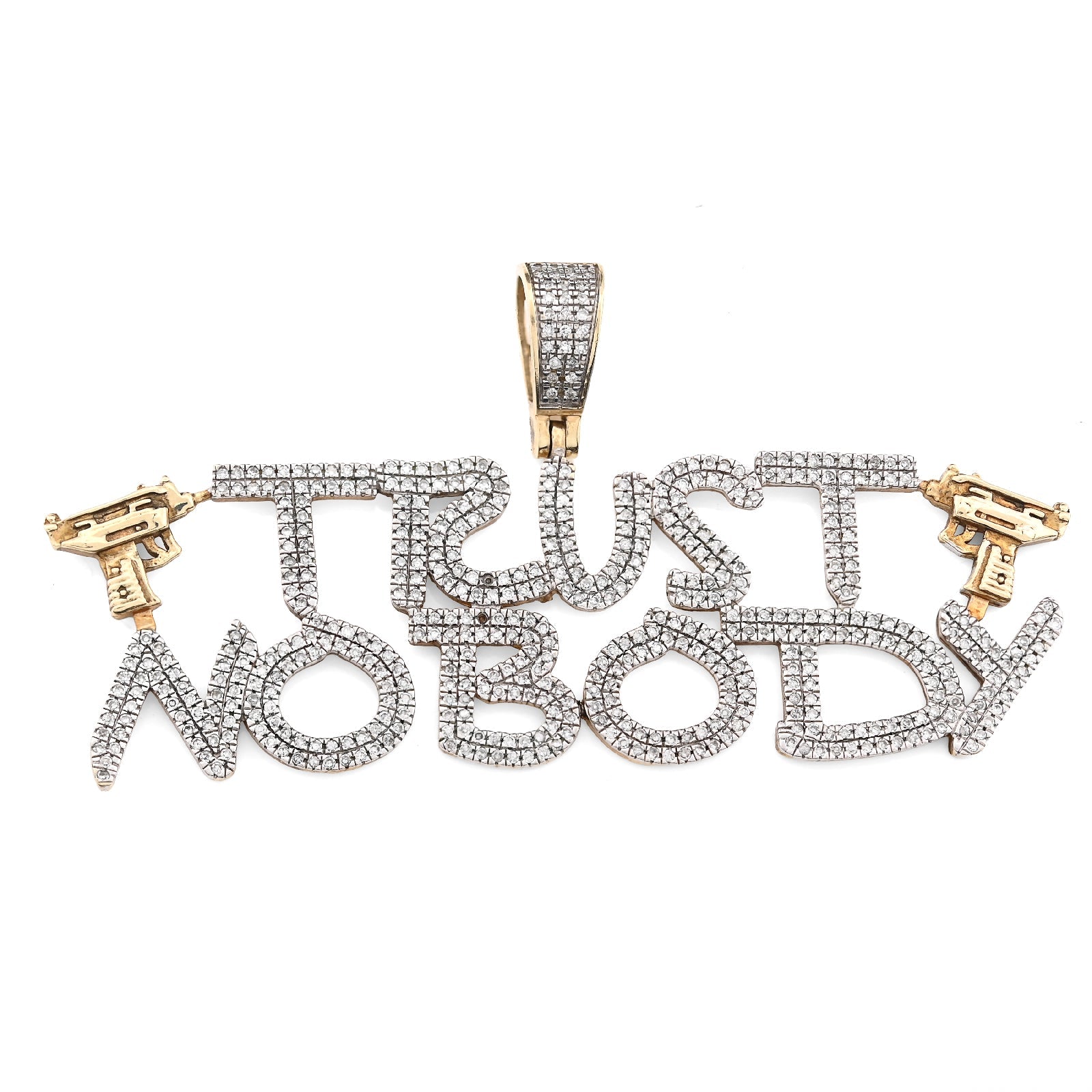 10K Yellow Gold 1.10CT Natural Diamond "Trust Nobody" Gun Men Pendant Women 2.5" Charm - Elite Jewelers - Charms & Pendants