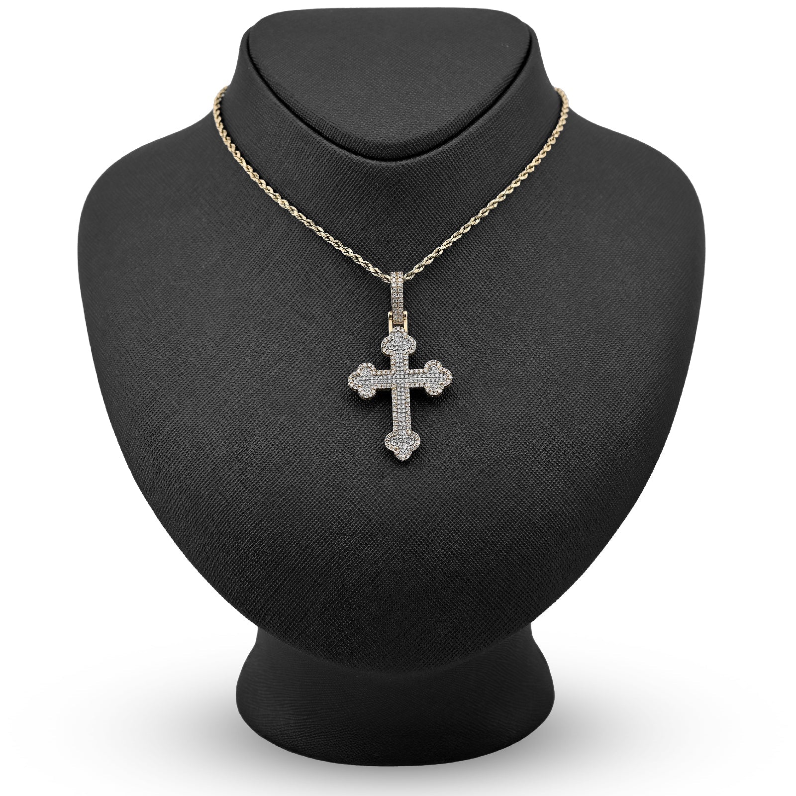 10K Yellow Gold 1.20CT Natural Diamond Budded Religious Cross Charm Men 53.3MM Pendant - Elite Jewelers - Charms & Pendants
