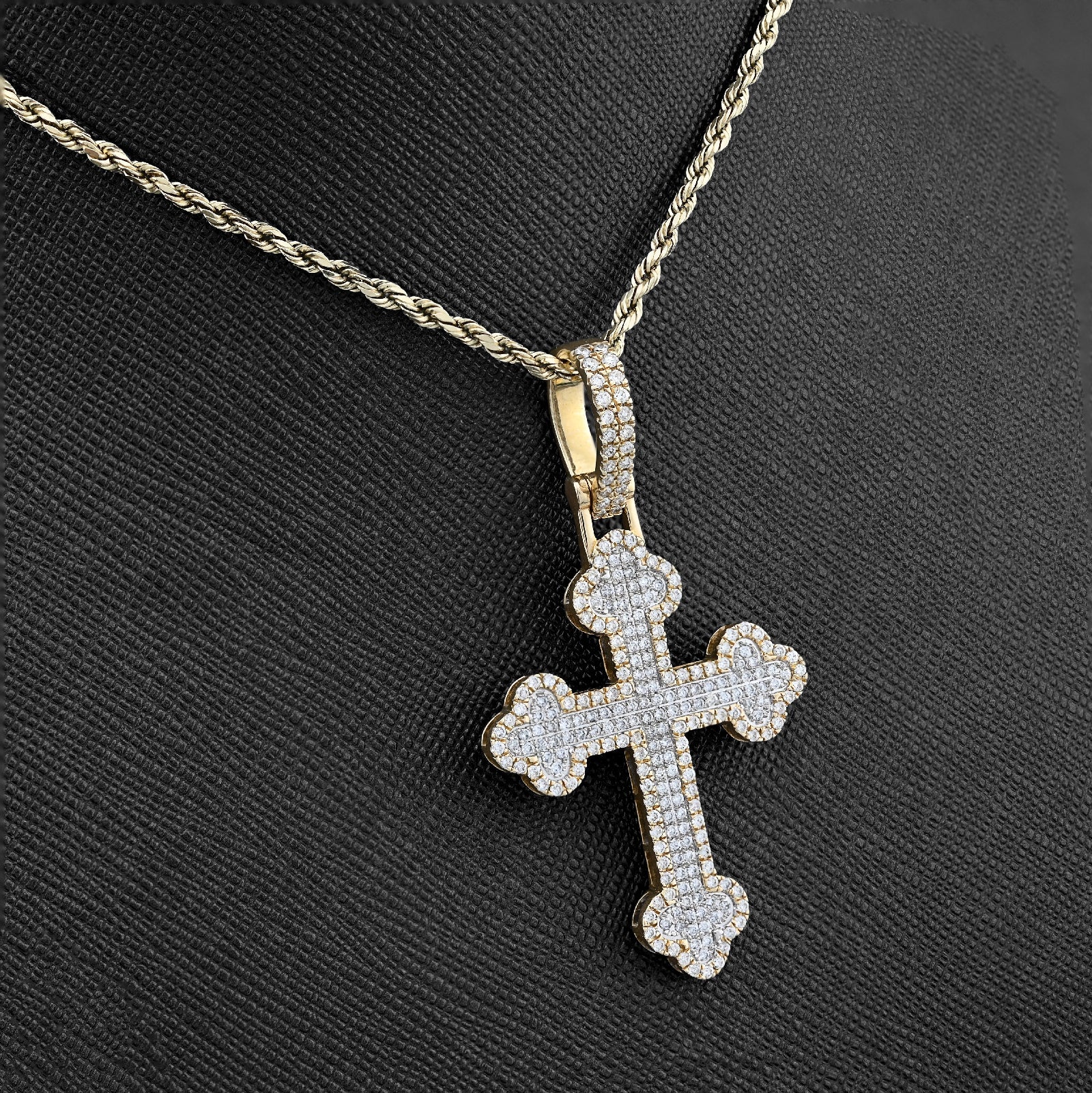 10K Yellow Gold 1.20CT Natural Diamond Budded Religious Cross Charm Men 53.3MM Pendant - Elite Jewelers - Charms & Pendants