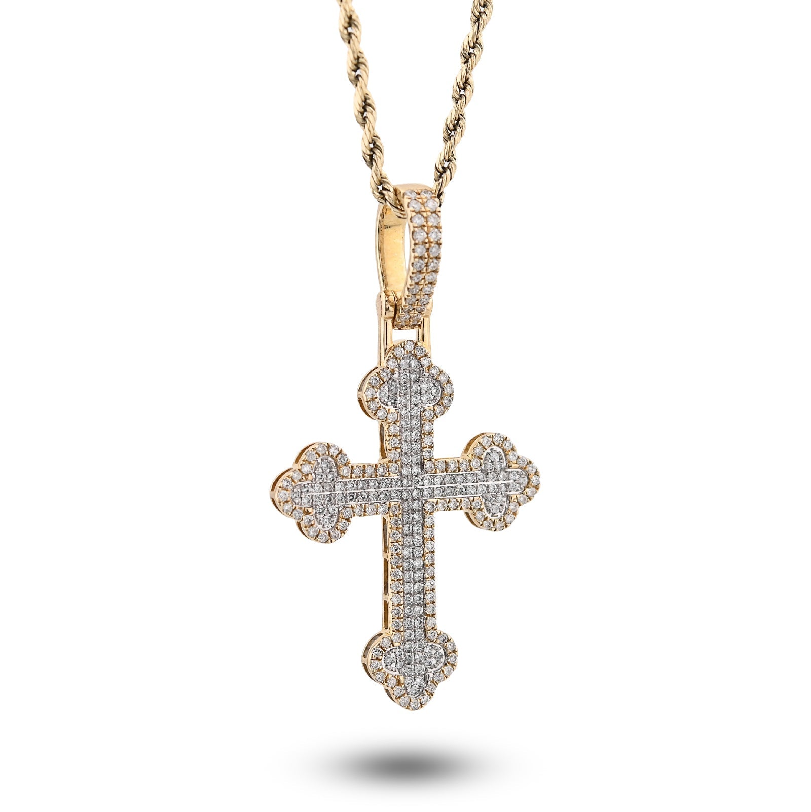 10K Yellow Gold 1.20CT Natural Diamond Budded Religious Cross Charm Men 53.3MM Pendant - Elite Jewelers - Charms & Pendants