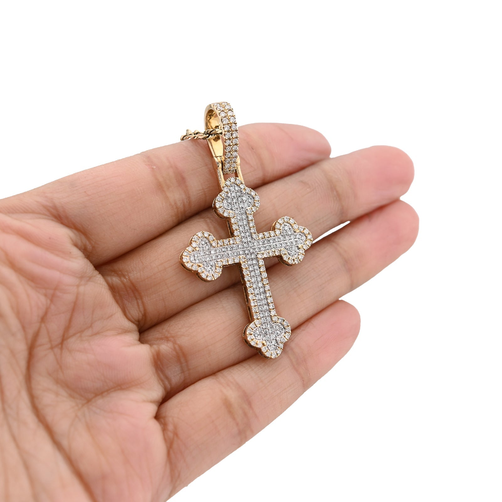 10K Yellow Gold 1.20CT Natural Diamond Budded Religious Cross Charm Men 53.3MM Pendant - Elite Jewelers - Charms & Pendants