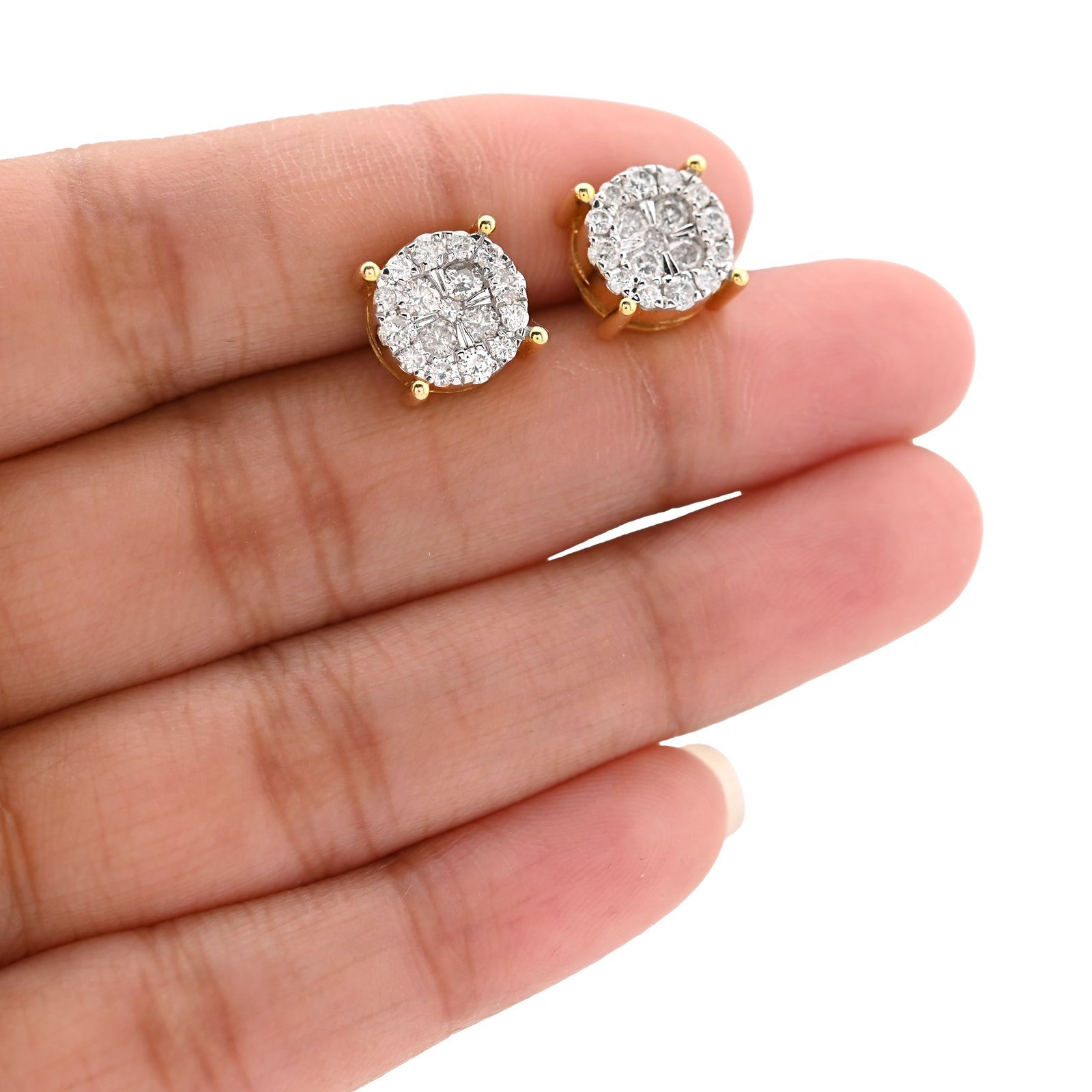 10K Yellow Gold 1.21CT Natural Diamond Halo Cluster Earrings Men Women Studs - Elite Jewelers - Earrings