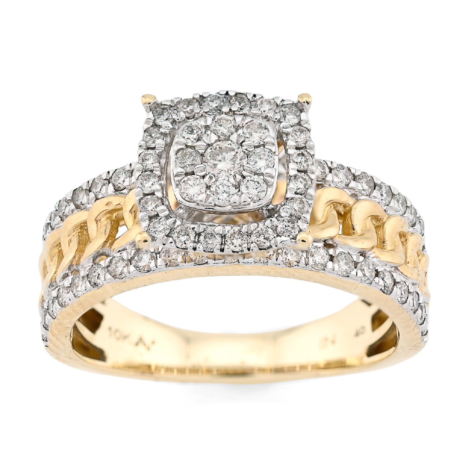 10K Yellow Gold 1.25CT Natural Diamond Cuban Link Square Women Ring - Elite Jewelers - Rings