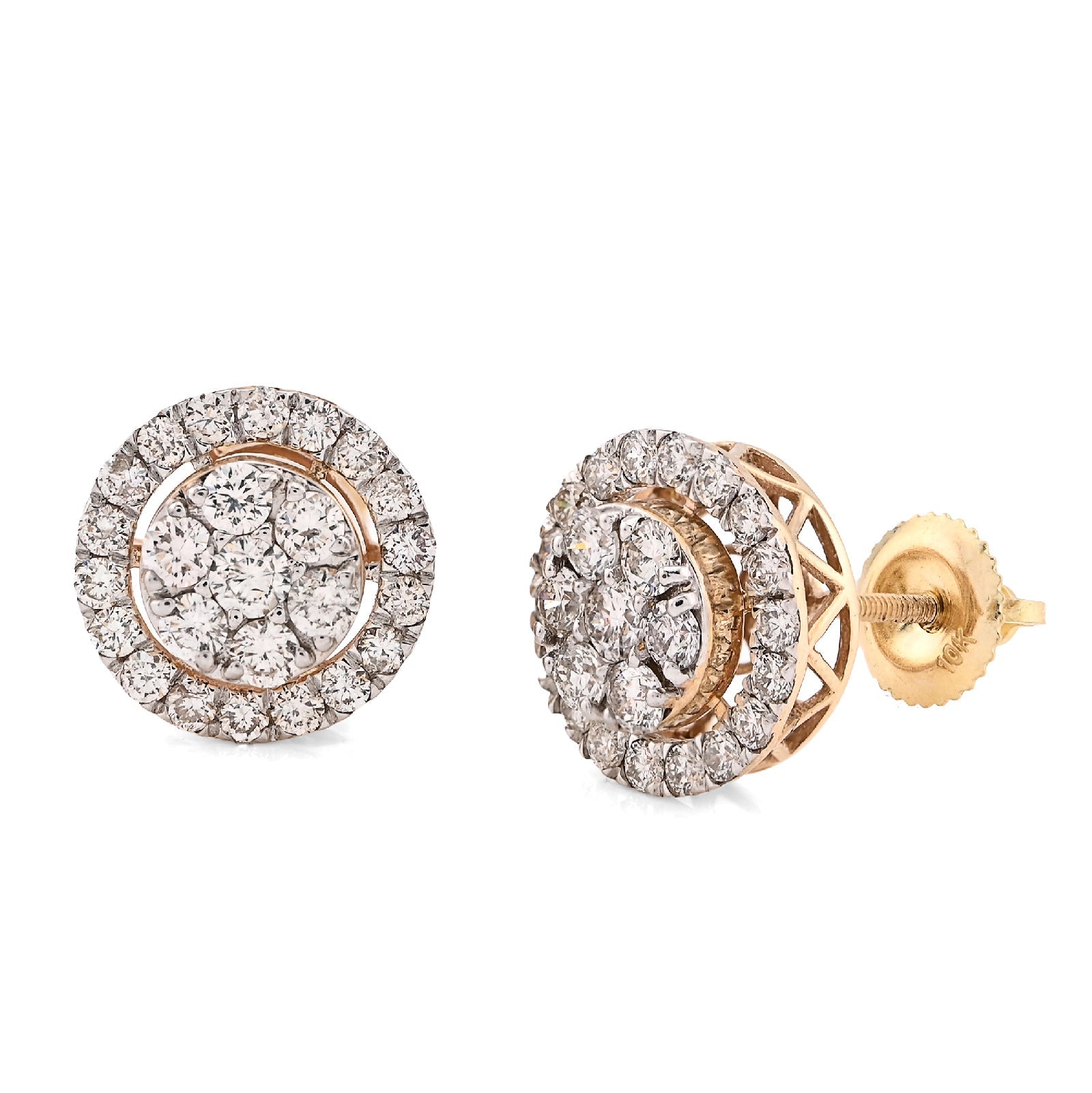 10K Yellow Gold 1.25CT Natural Diamond Round Halo Cluster Men Women Earring Studs - Elite Jewelers - Earrings
