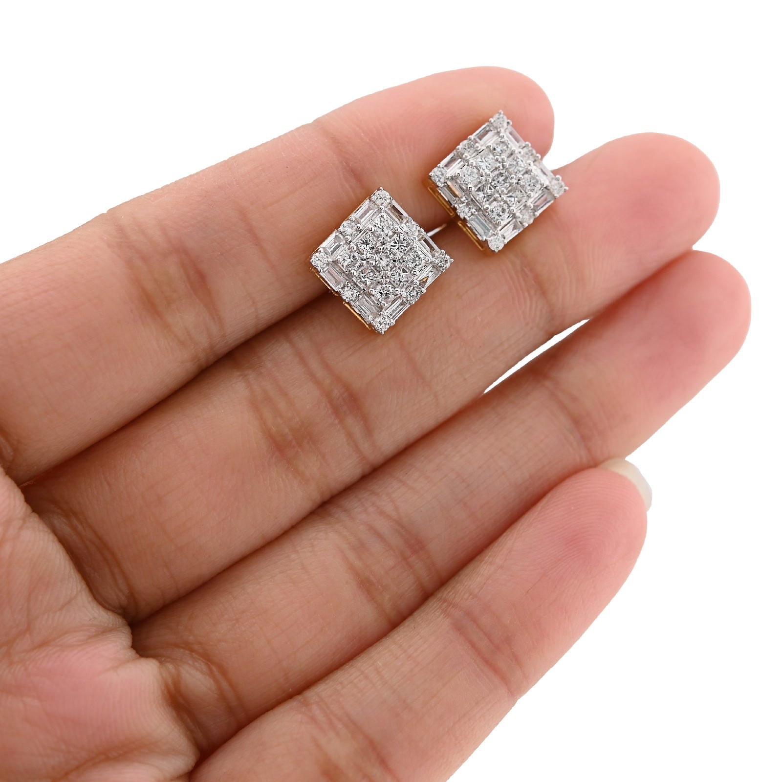 10K Yellow Gold 1.26CT Round/Baguette Natural Diamond Square Cluster Studs Men Women Earrings - Elite Jewelers - Earrings