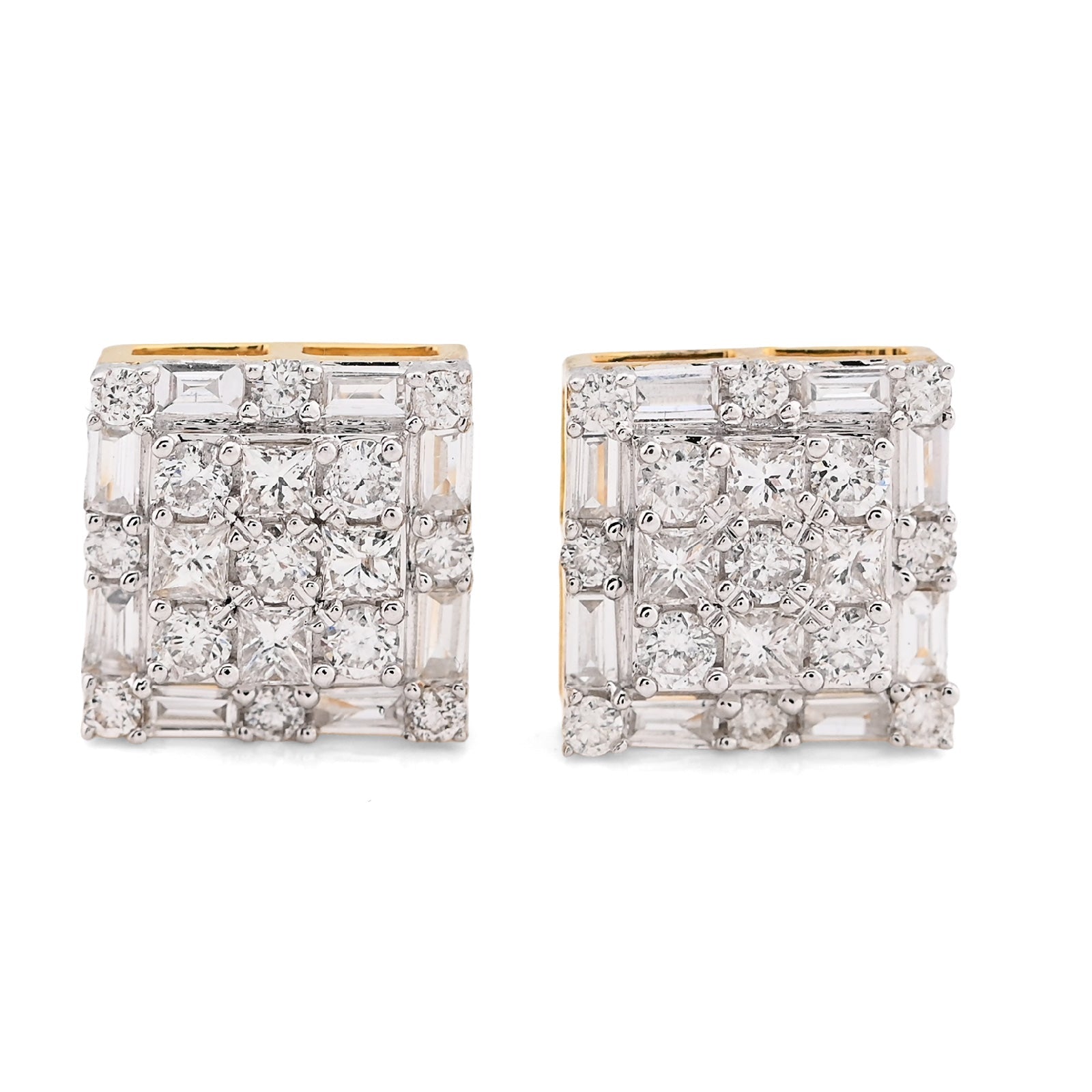 10K Yellow Gold 1.26CT Round/Baguette Natural Diamond Square Cluster Studs Men Women Earrings - Elite Jewelers - Earrings
