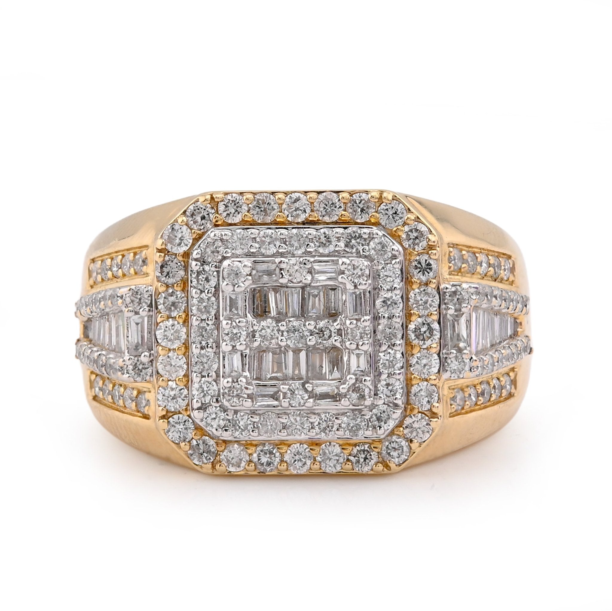 10K Yellow Gold 1.30CT Round/baguette Natural Diamond 3 Layer Square Shape Men Pinky Ring - Elite Jewelers - Rings