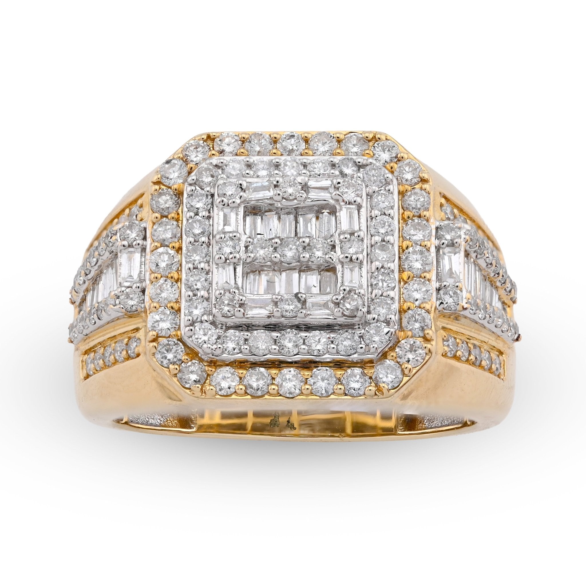 10K Yellow Gold 1.30CT Round/baguette Natural Diamond 3 Layer Square Shape Men Pinky Ring - Elite Jewelers - Rings