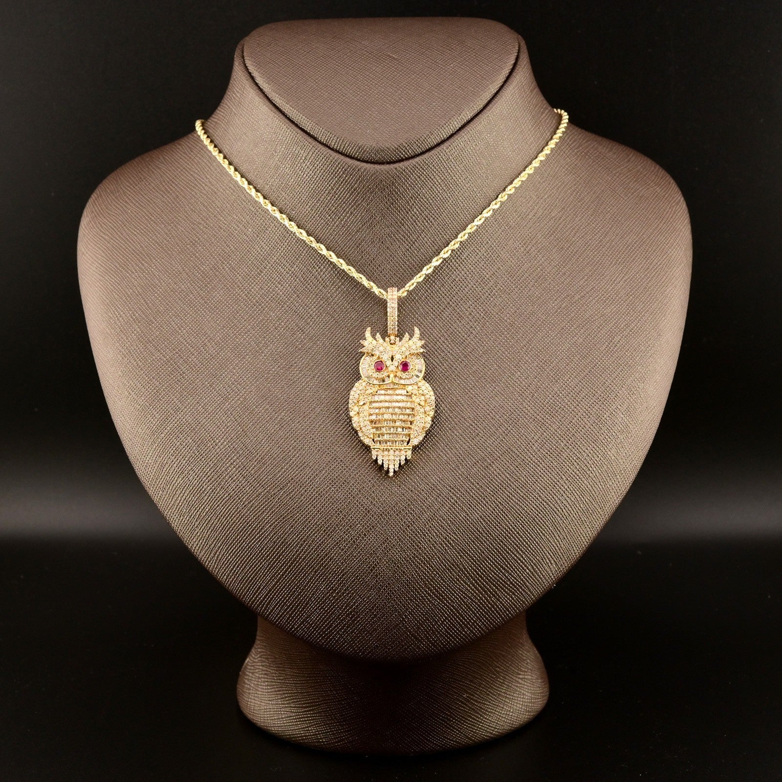 10k Yellow Gold 13.2gm 4.5CTW Pure Round/Baguette Diamond ICED Owl Pendant Charm - Elite Jewelers - Charms & Pendants