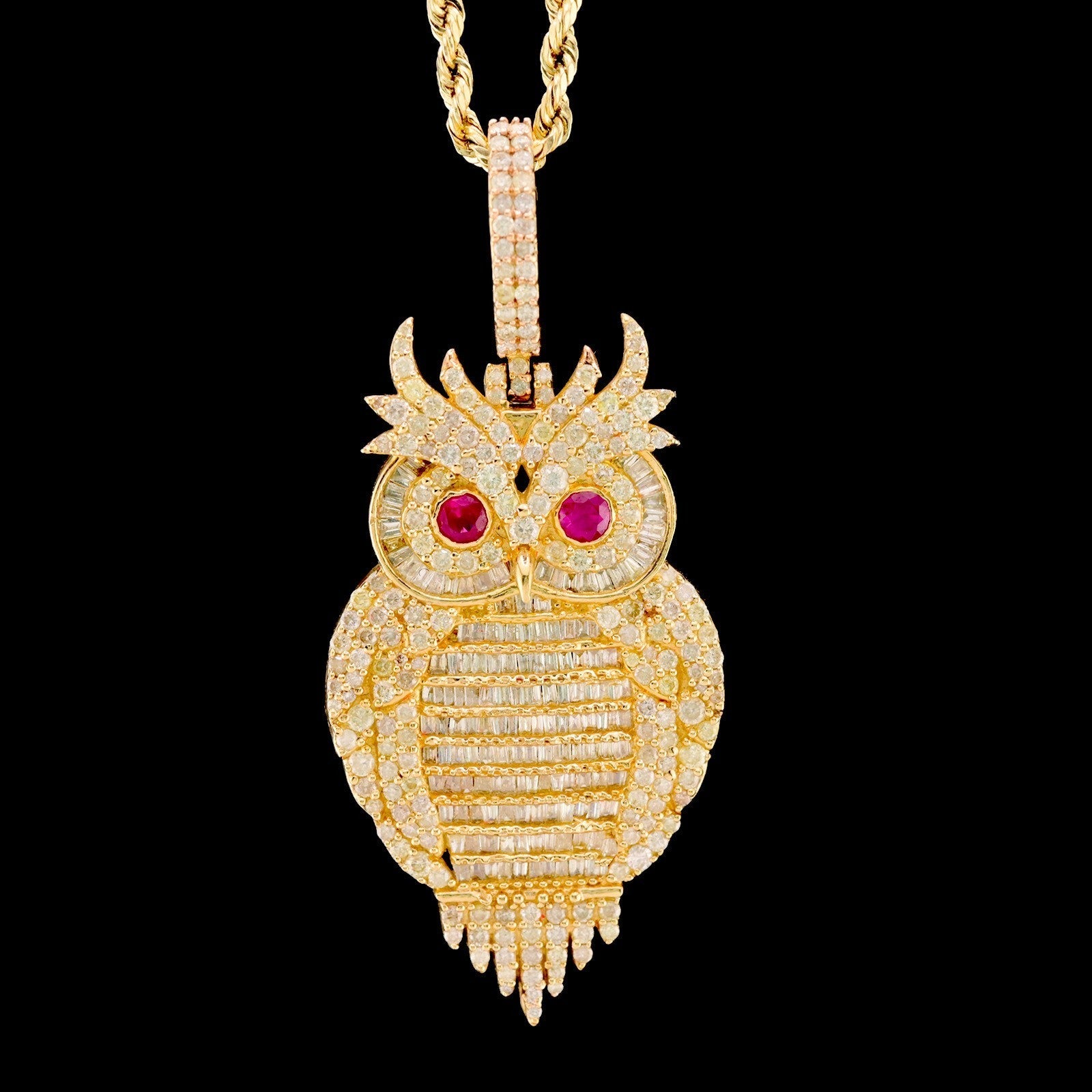 10k Yellow Gold 13.2gm 4.5CTW Pure Round/Baguette Diamond ICED Owl Pendant Charm - Elite Jewelers - Charms & Pendants
