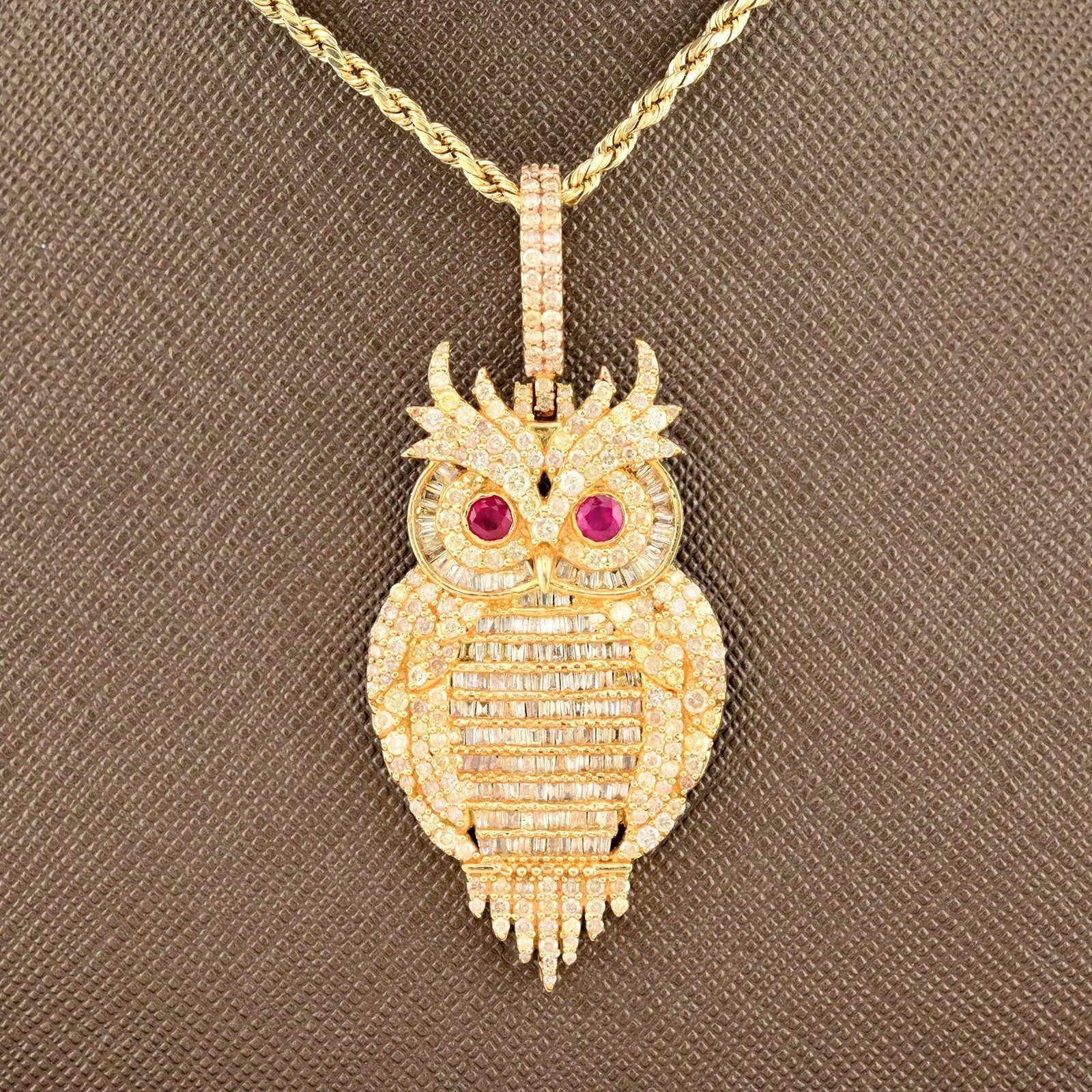 10k Yellow Gold 13.2gm 4.5CTW Pure Round/Baguette Diamond ICED Owl Pendant Charm - Elite Jewelers - Charms & Pendants