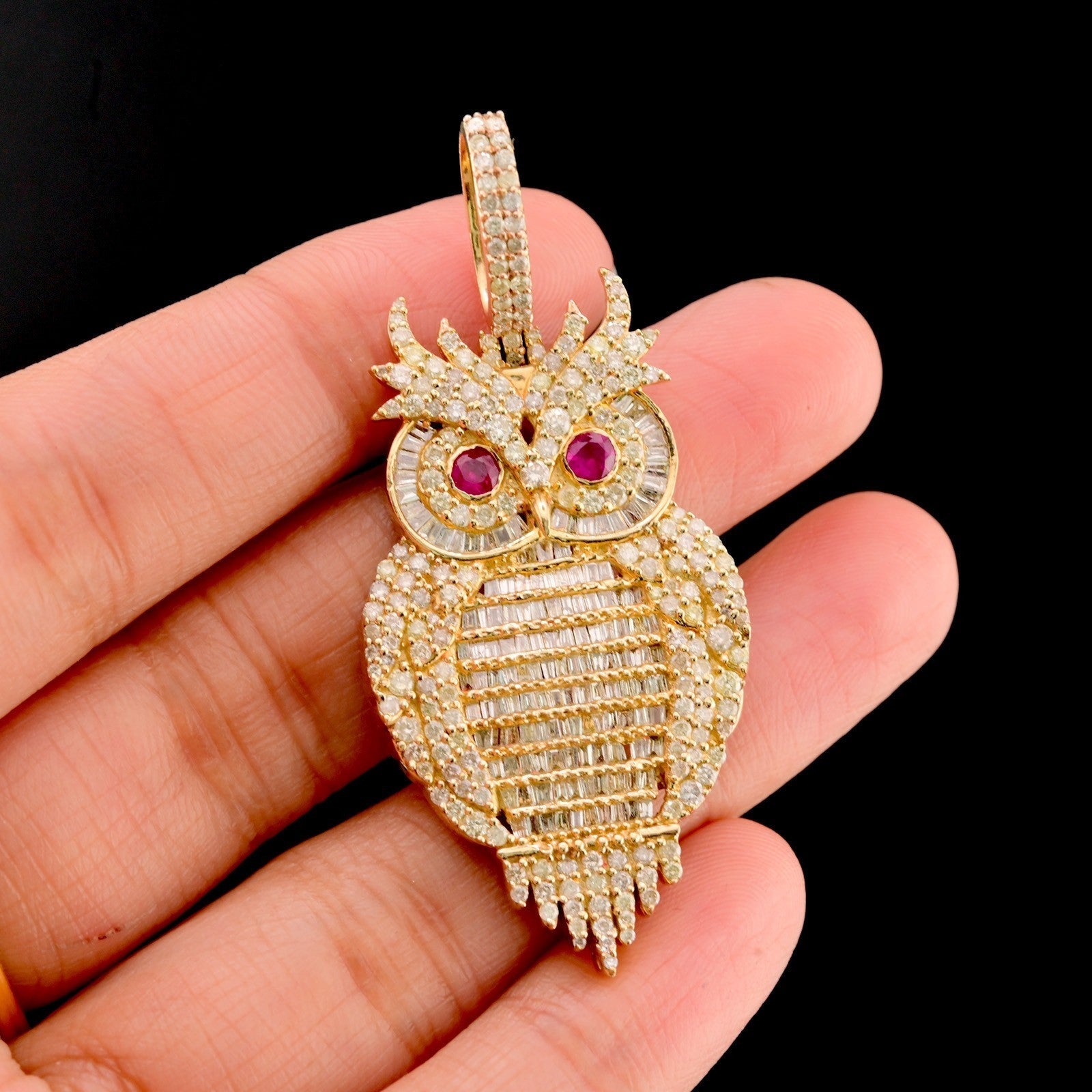 10k Yellow Gold 13.2gm 4.5CTW Pure Round/Baguette Diamond ICED Owl Pendant Charm - Elite Jewelers - Charms & Pendants