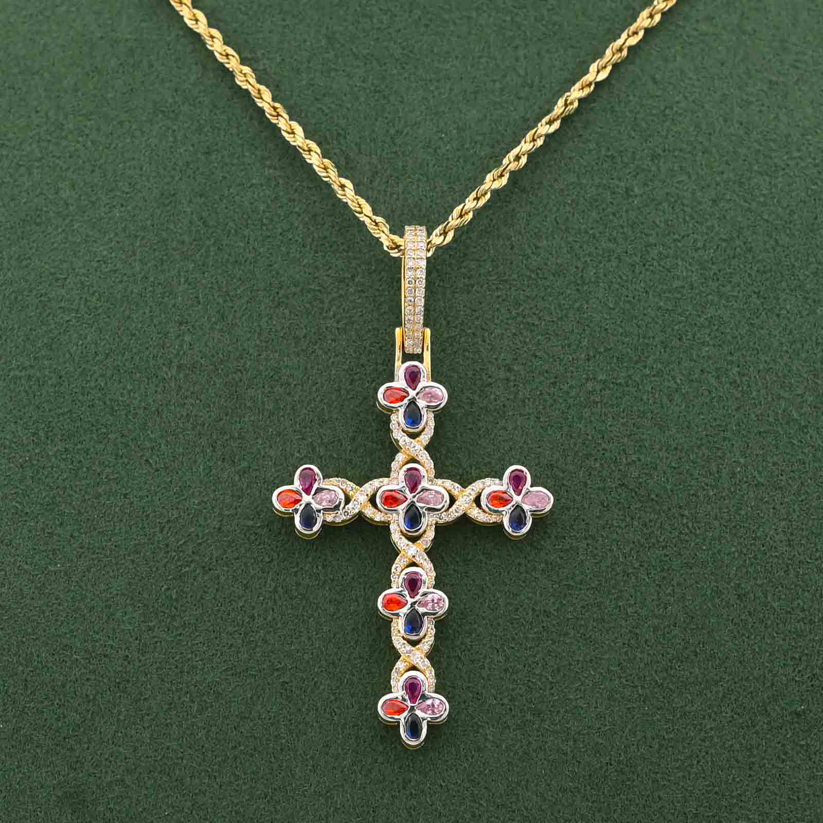 10K Yellow Gold 1.35CT Natural Diamond & Gemstone Clover Cross pendant Men Women Charm - Elite Jewelers-Charms & Pendants